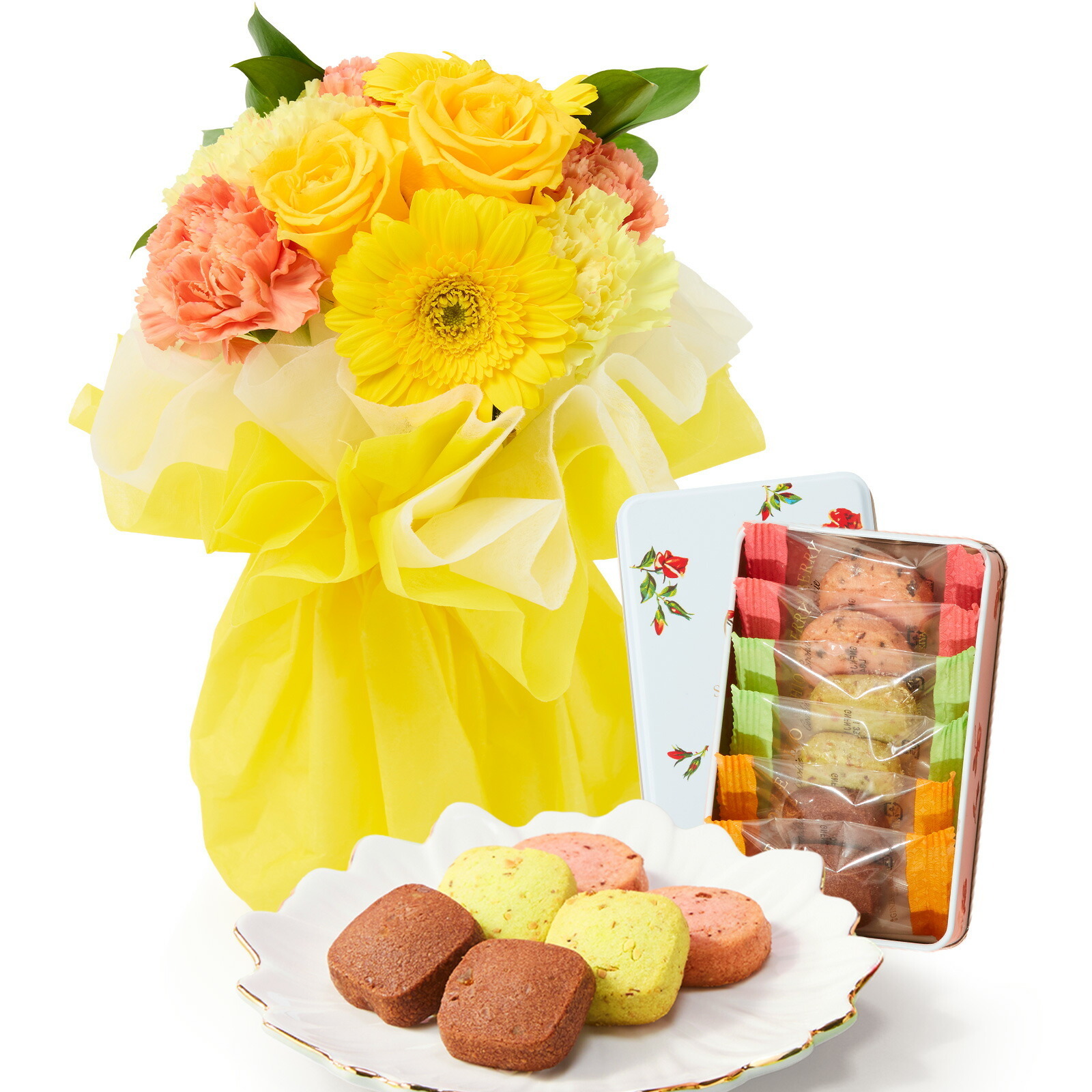 そのまま飾れるブーケ(黄色、Sサイズ) と 銀座千疋屋クッキー のセット【母の日カード付き】