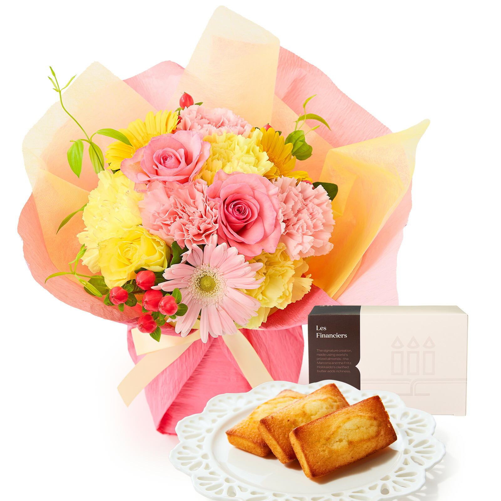 そのまま飾れるブーケ(カラフル、Mサイズ) と アンリ・シャルパンティエ フィナンシェ のセット【母の日カード付き】