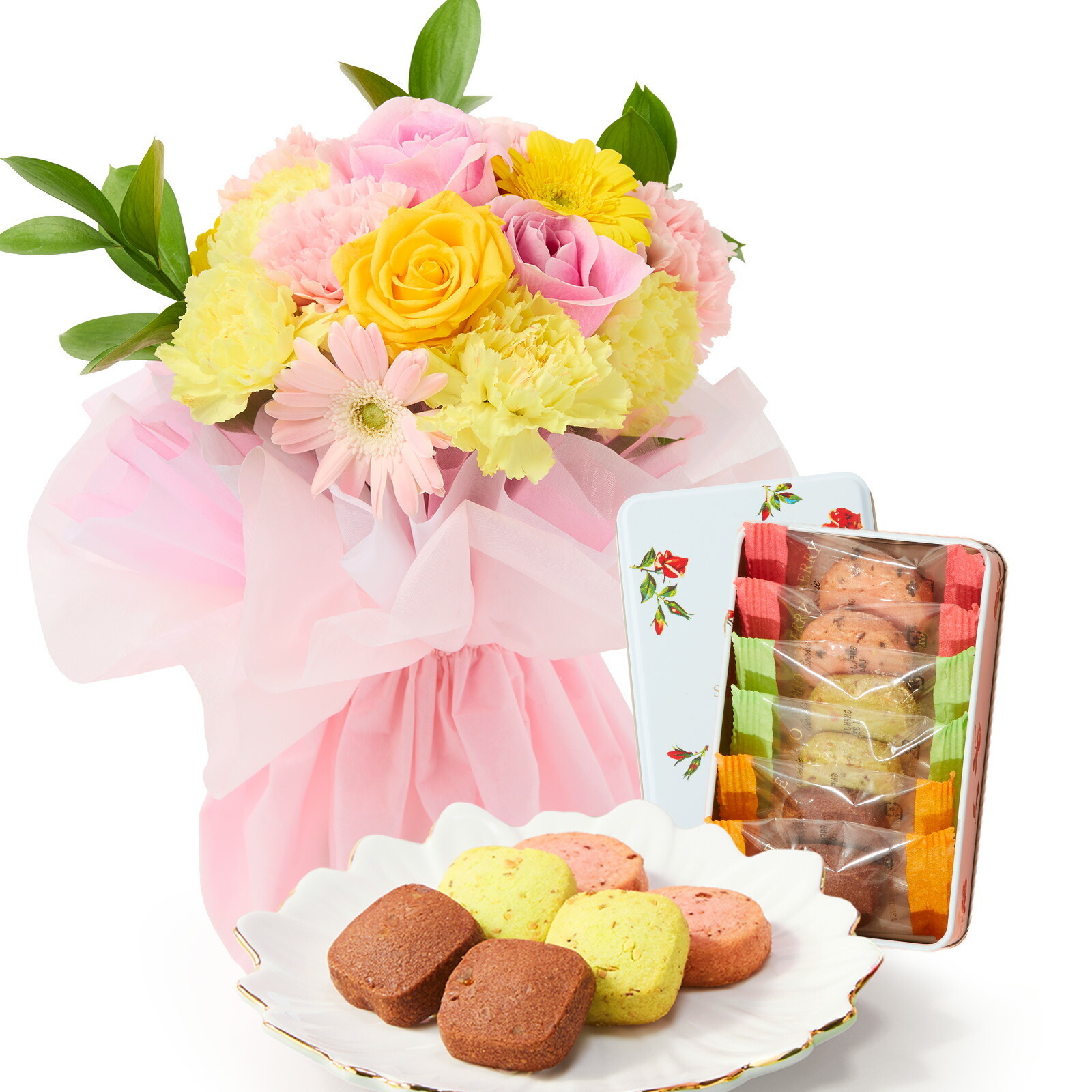 そのまま飾れるブーケ(カラフル、Mサイズ) と 銀座千疋屋クッキー のセット【母の日カード付き】