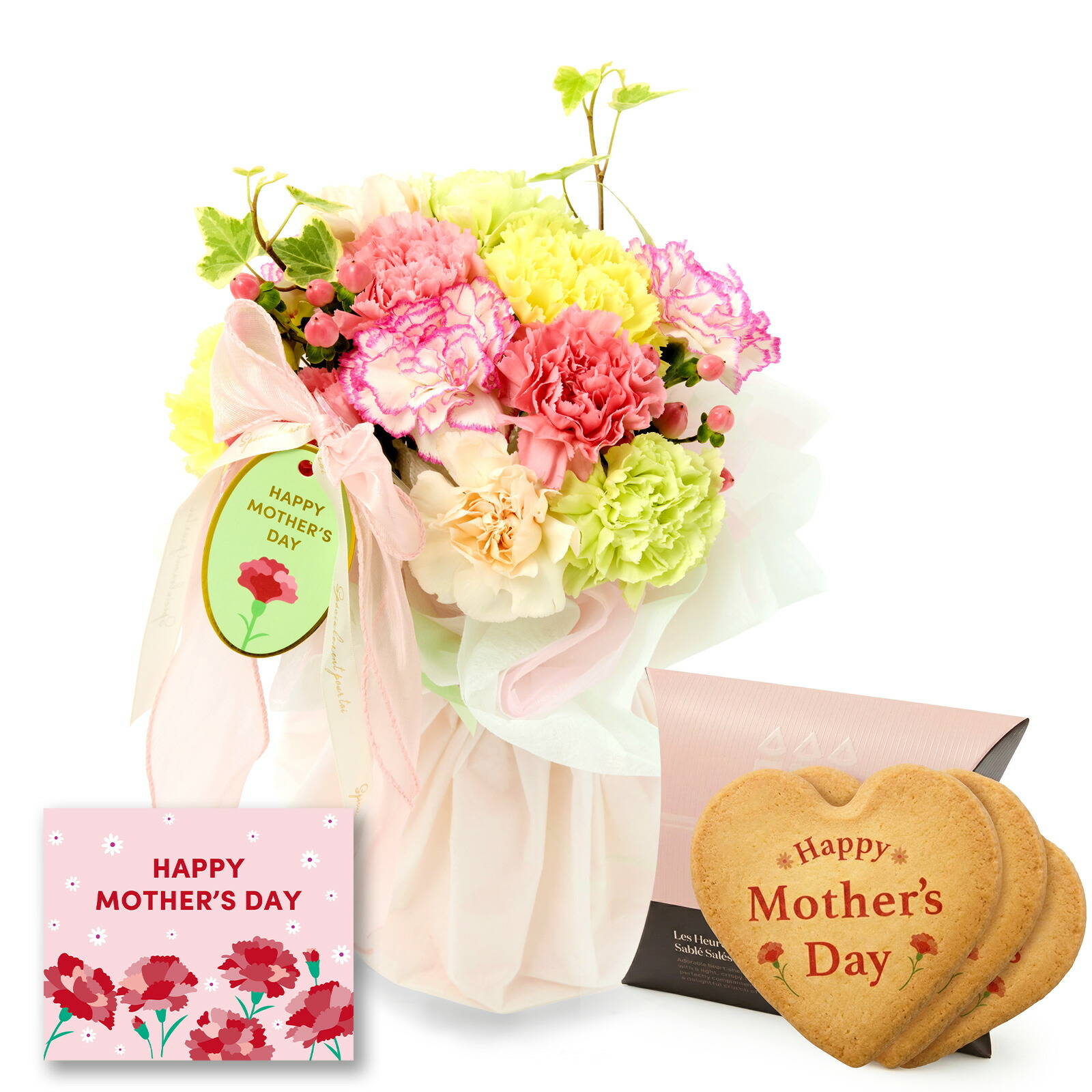 そのまま飾れるブーケ(母の日ver、Mサイズ) と アンリ・シャルパンティエ しあわせサブレ のセット【母の日カード付き】