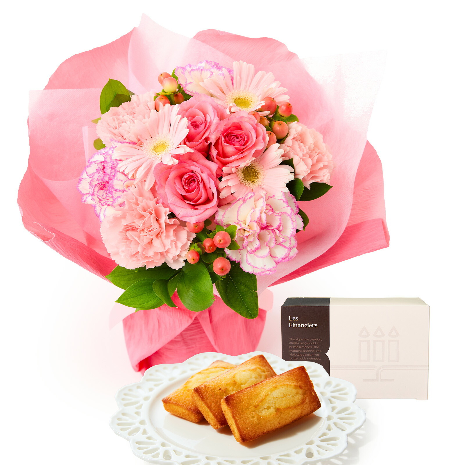 そのまま飾れるブーケ(ピンク、Mサイズ) と アンリ・シャルパンティエ フィナンシェ のセット【母の日カード付き】