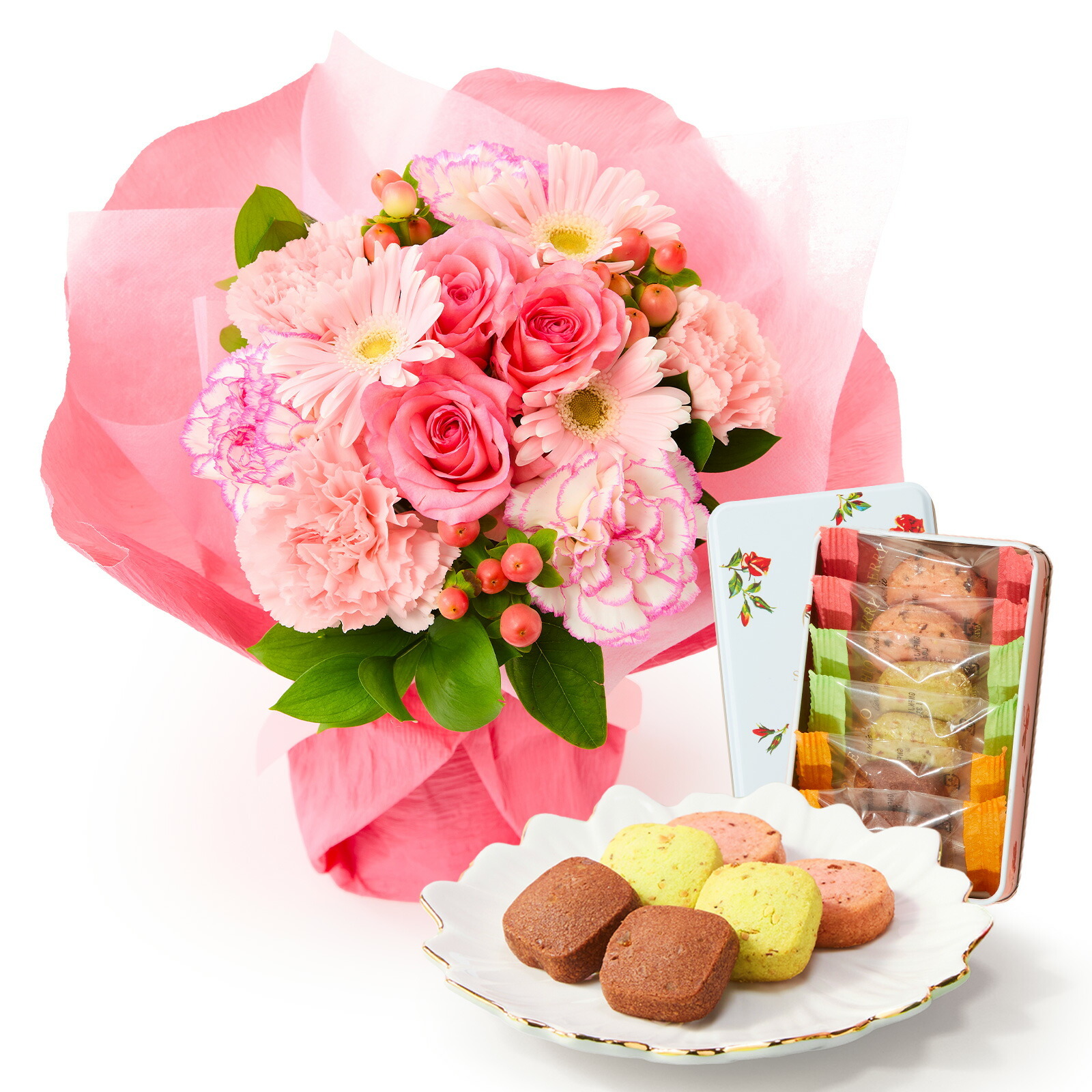 そのまま飾れるブーケ(ピンク、Mサイズ) と 銀座千疋屋クッキー のセット【母の日カード付き】
