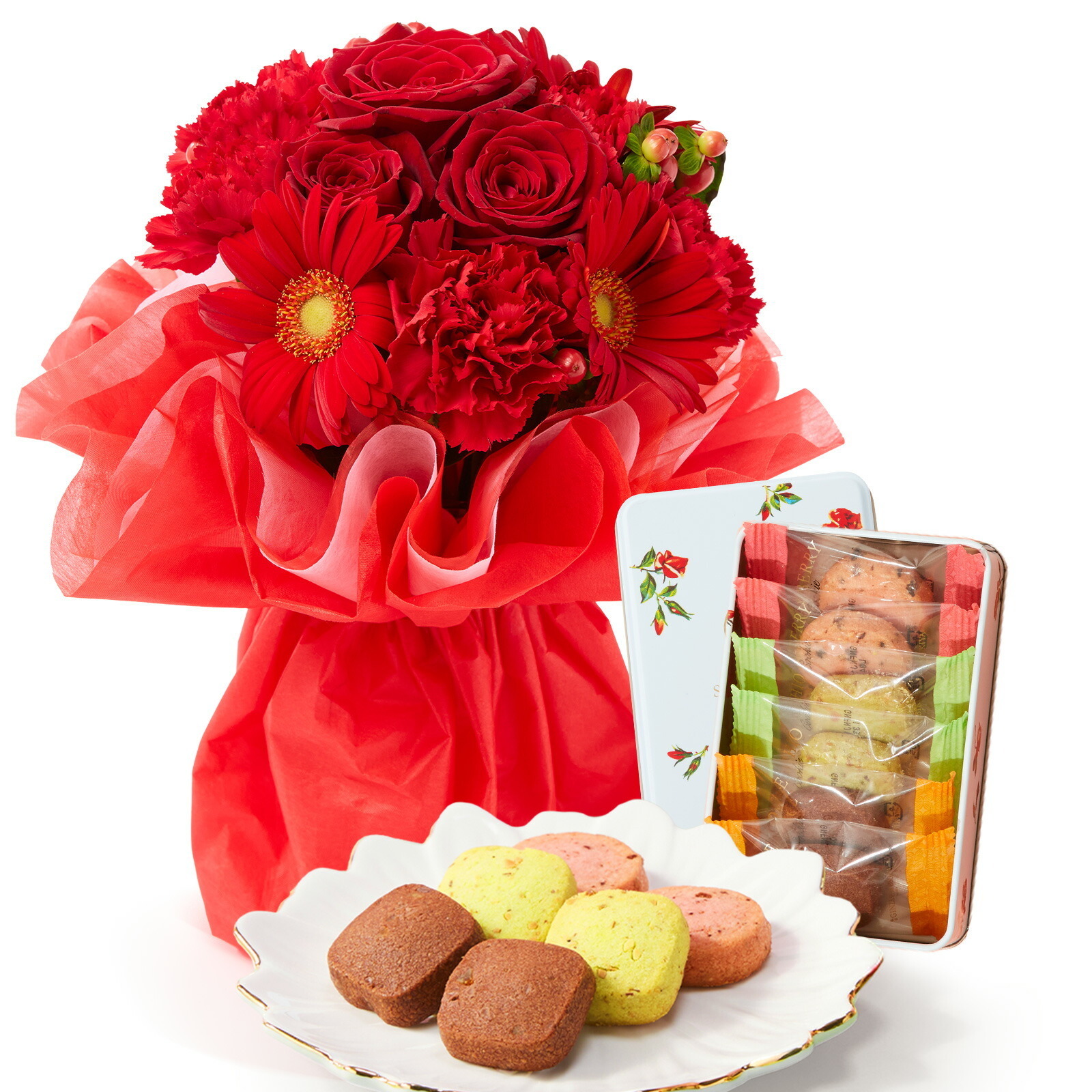 そのまま飾れるブーケ(赤色、Mサイズ) と 銀座千疋屋クッキー のセット【母の日カード付き】