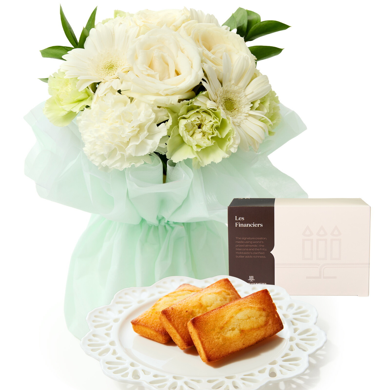 そのまま飾れるブーケ(白色、Mサイズ) と アンリ・シャルパンティエ フィナンシェ のセット【母の日カード付き】