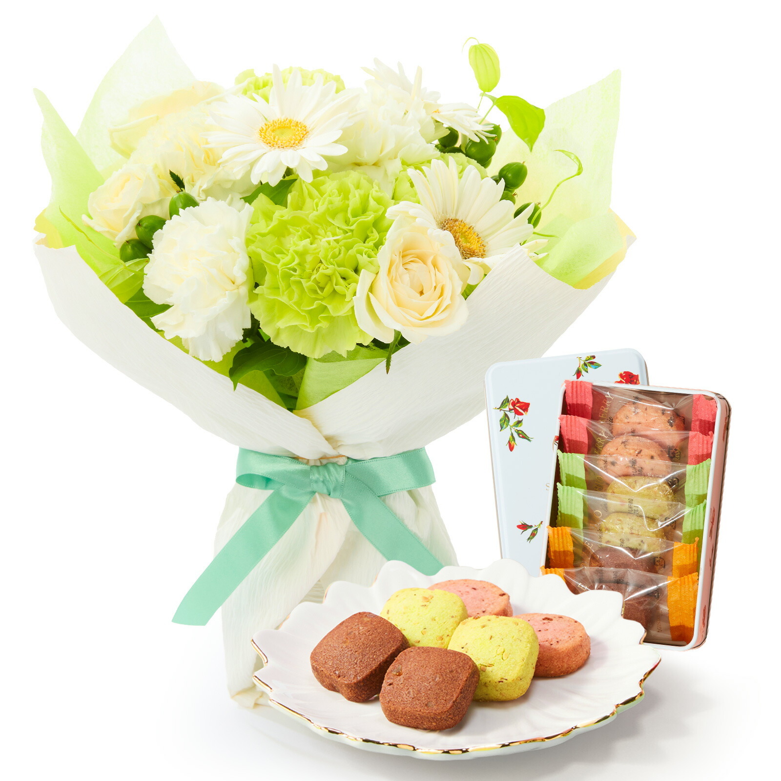 そのまま飾れるブーケ(白色、Mサイズ) と 銀座千疋屋クッキー のセット【母の日カード付き】