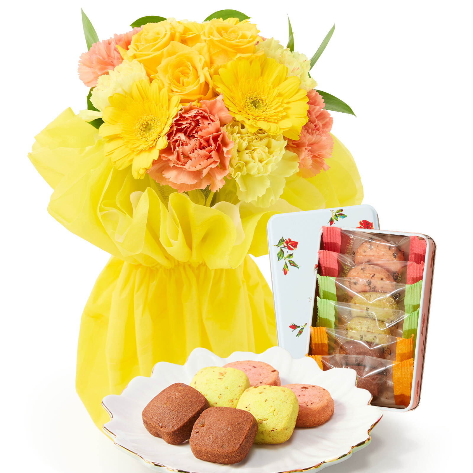 そのまま飾れるブーケ(黄色、Mサイズ) と 銀座千疋屋クッキー のセット【母の日カード付き】