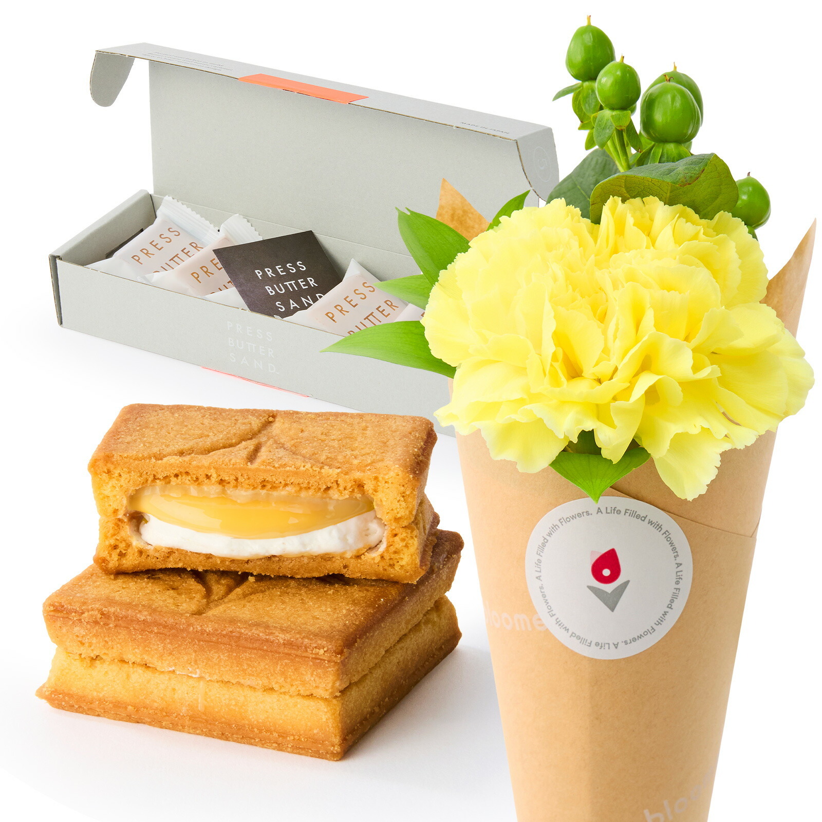 プレスバターサンド バターサンド と 季節のお花ブーケ(3本)セット【母の日カード付き】
