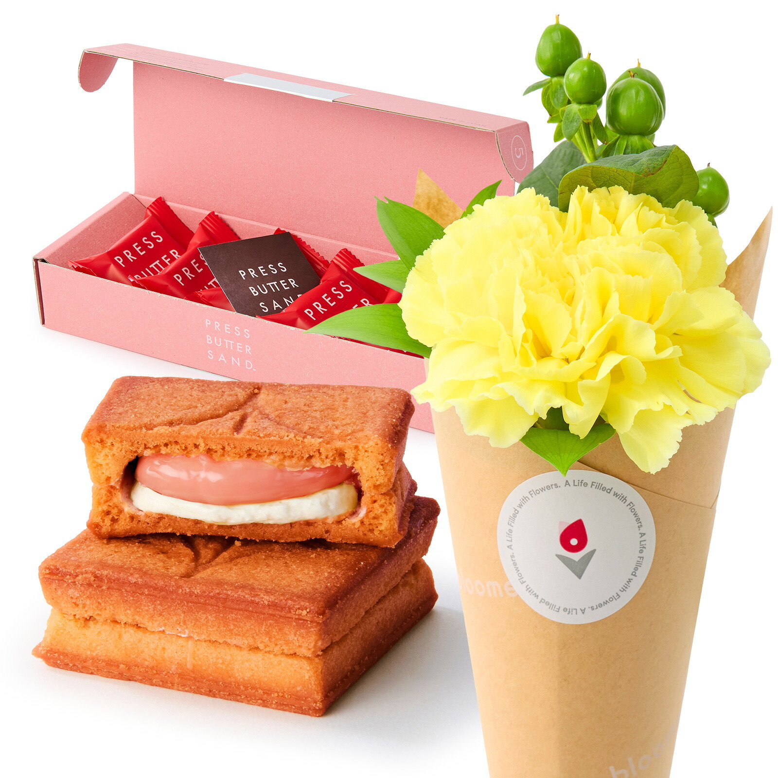 プレスバターサンド バターサンド(あまおう苺) と 季節のお花ブーケ(3本)セット【母の日カード付き】