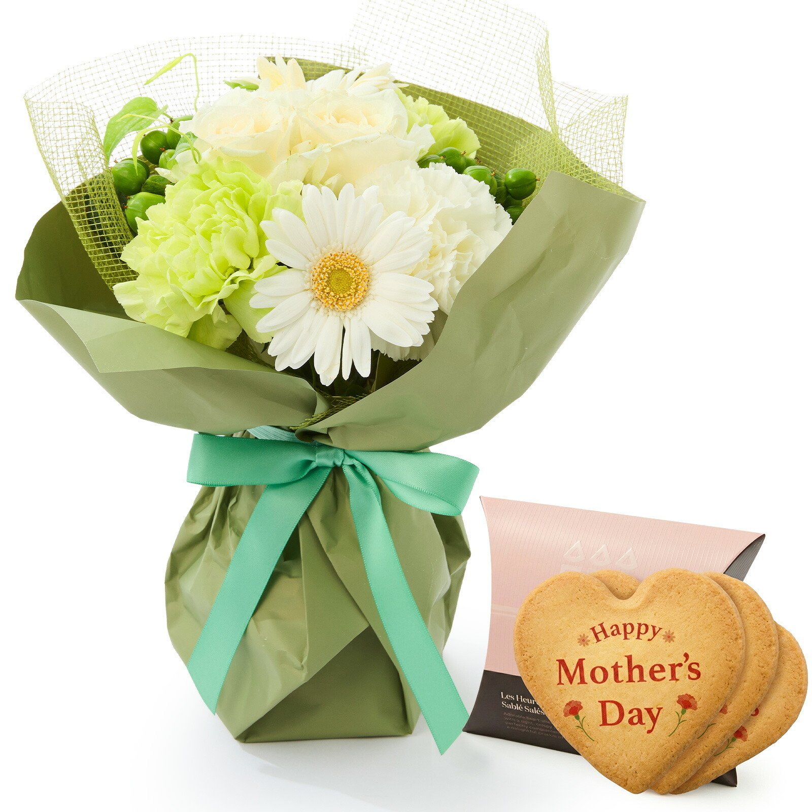 そのまま飾れるブーケ(白色、Sサイズ) と アンリ・シャルパンティエ しあわせサブレ のセット【母の日カード付き】