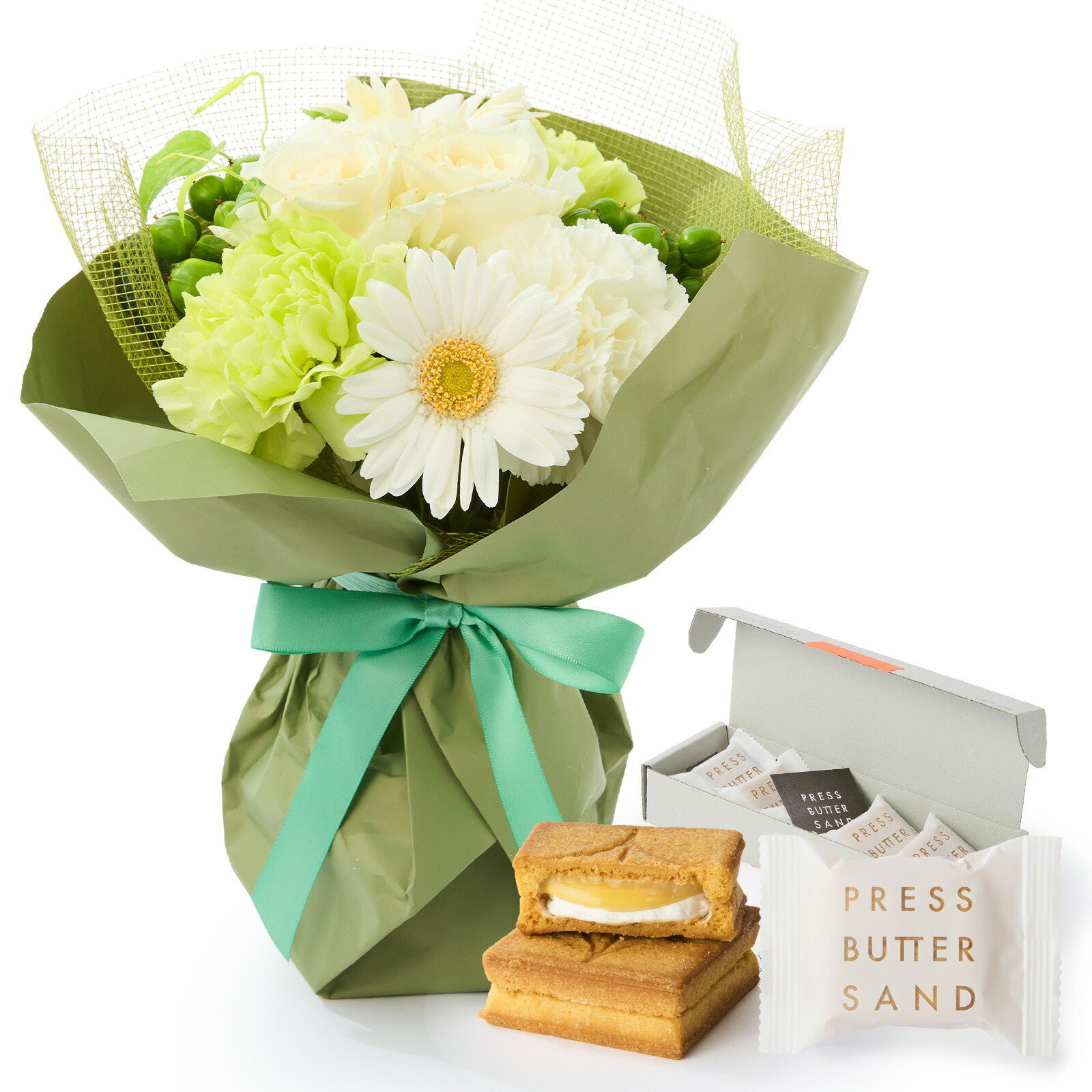 そのまま飾れるブーケ(白色、Sサイズ) と プレスバターサンド バターサンド のセット【母の日カード付き】