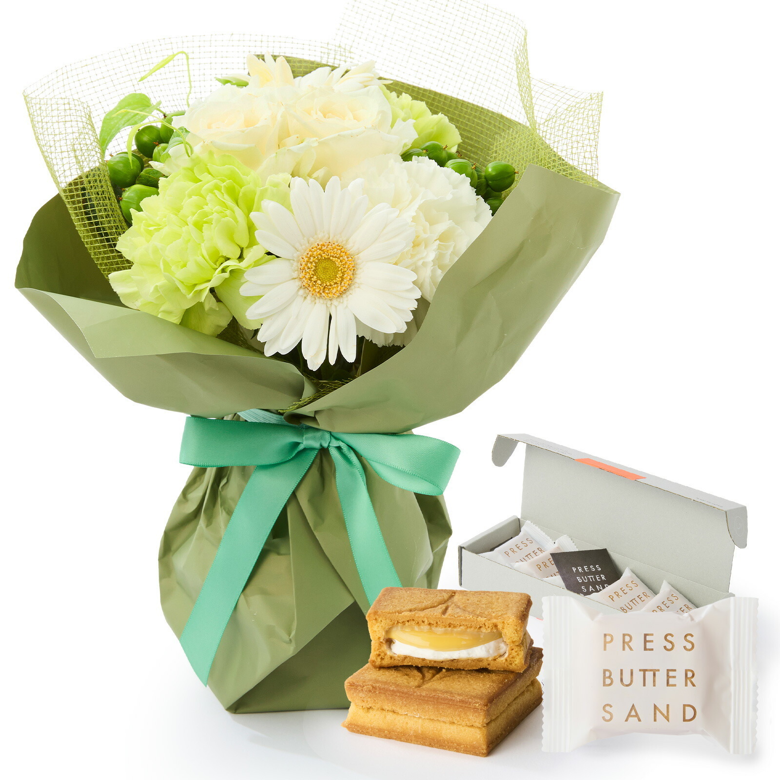 そのまま飾れるブーケ(白色、Sサイズ) と プレスバターサンド バターサンド のセット【母の日カード付き】