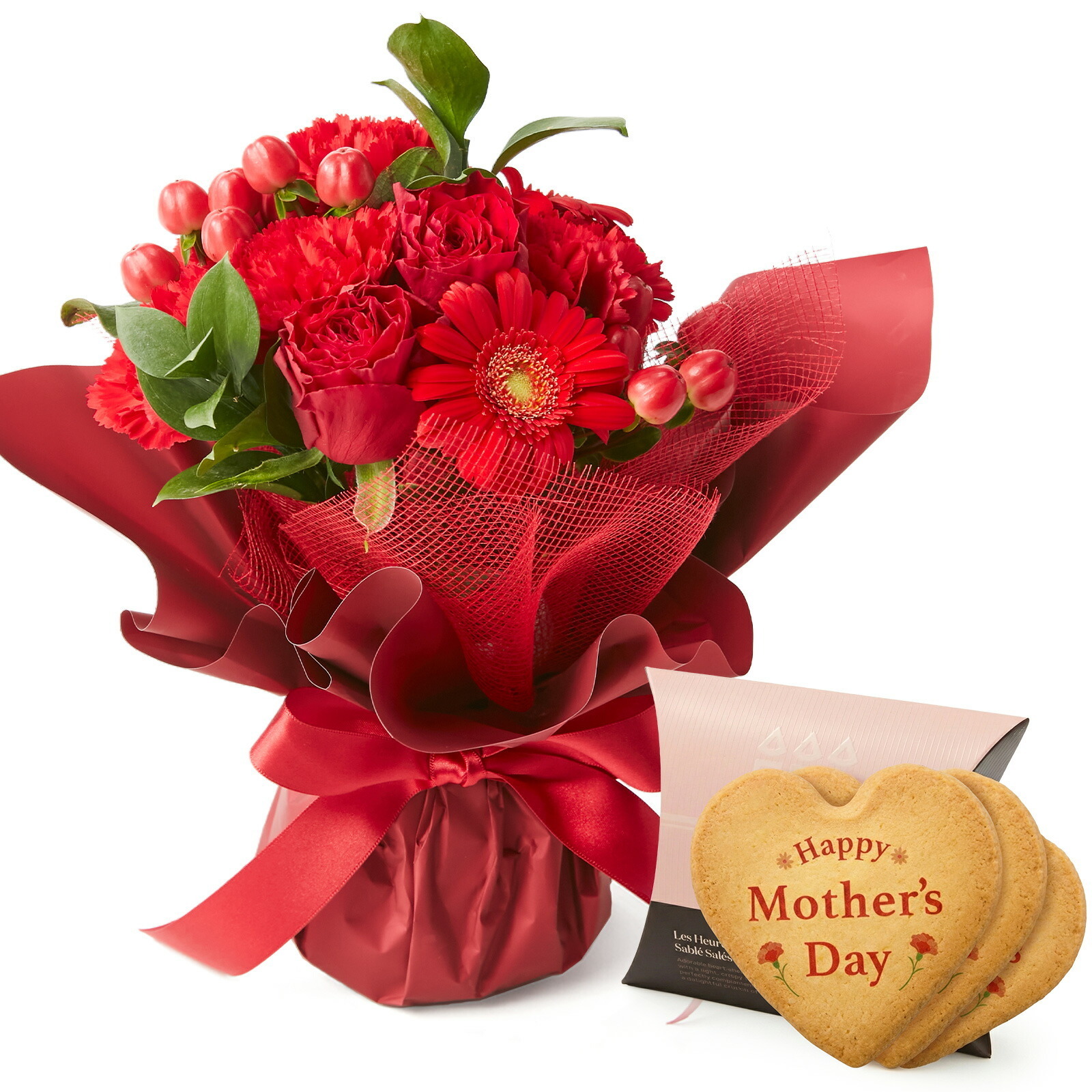 そのまま飾れるブーケ(赤色、Sサイズ) と アンリ・シャルパンティエ しあわせサブレ のセット【母の日カード付き】