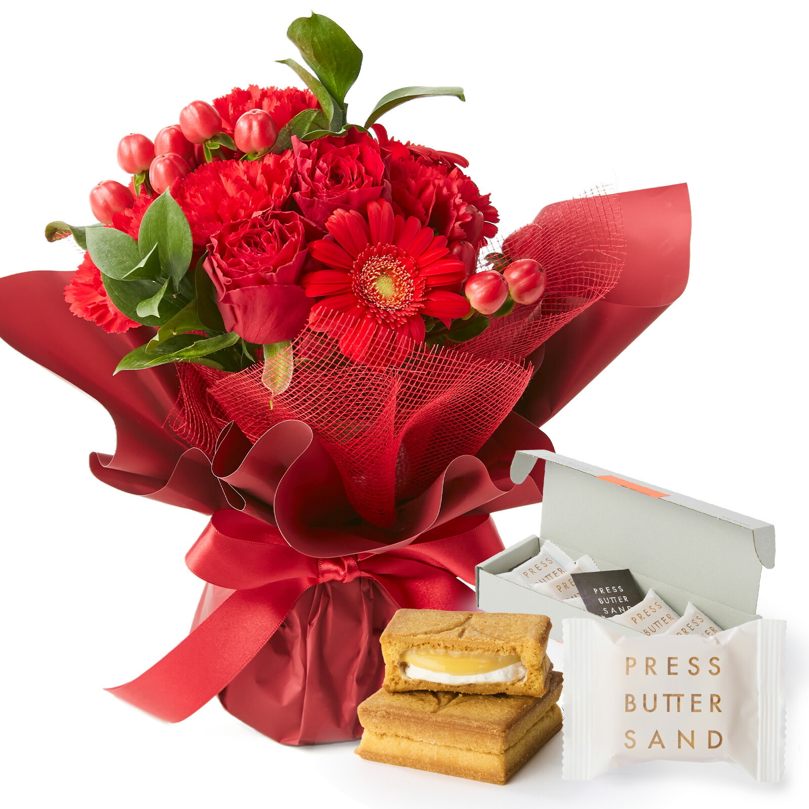 そのまま飾れるブーケ(赤色、Sサイズ) と プレスバターサンド バターサンド のセット【母の日カード付き】