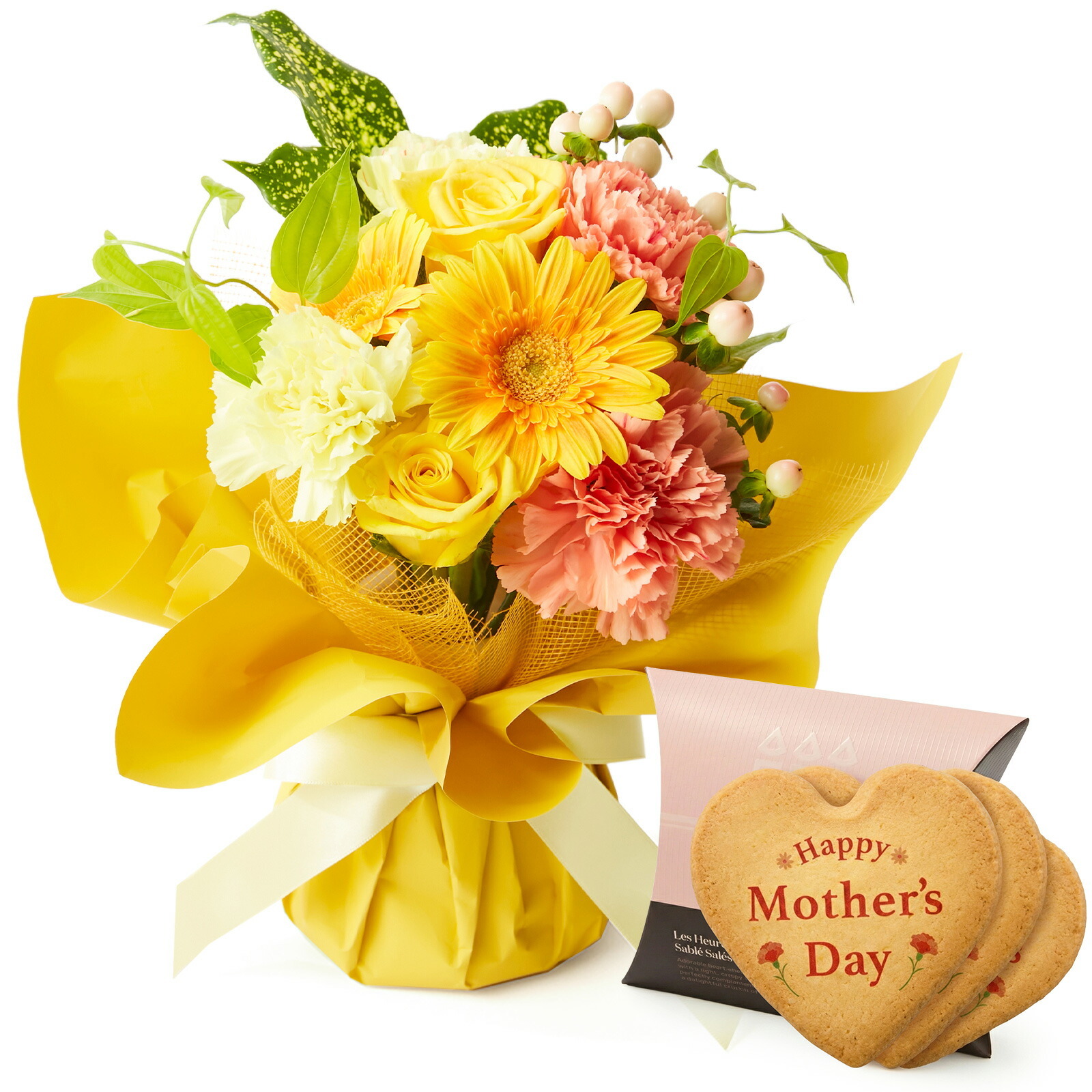 そのまま飾れるブーケ(黄色、Sサイズ) と アンリ・シャルパンティエ しあわせサブレ のセット【母の日カード付き】