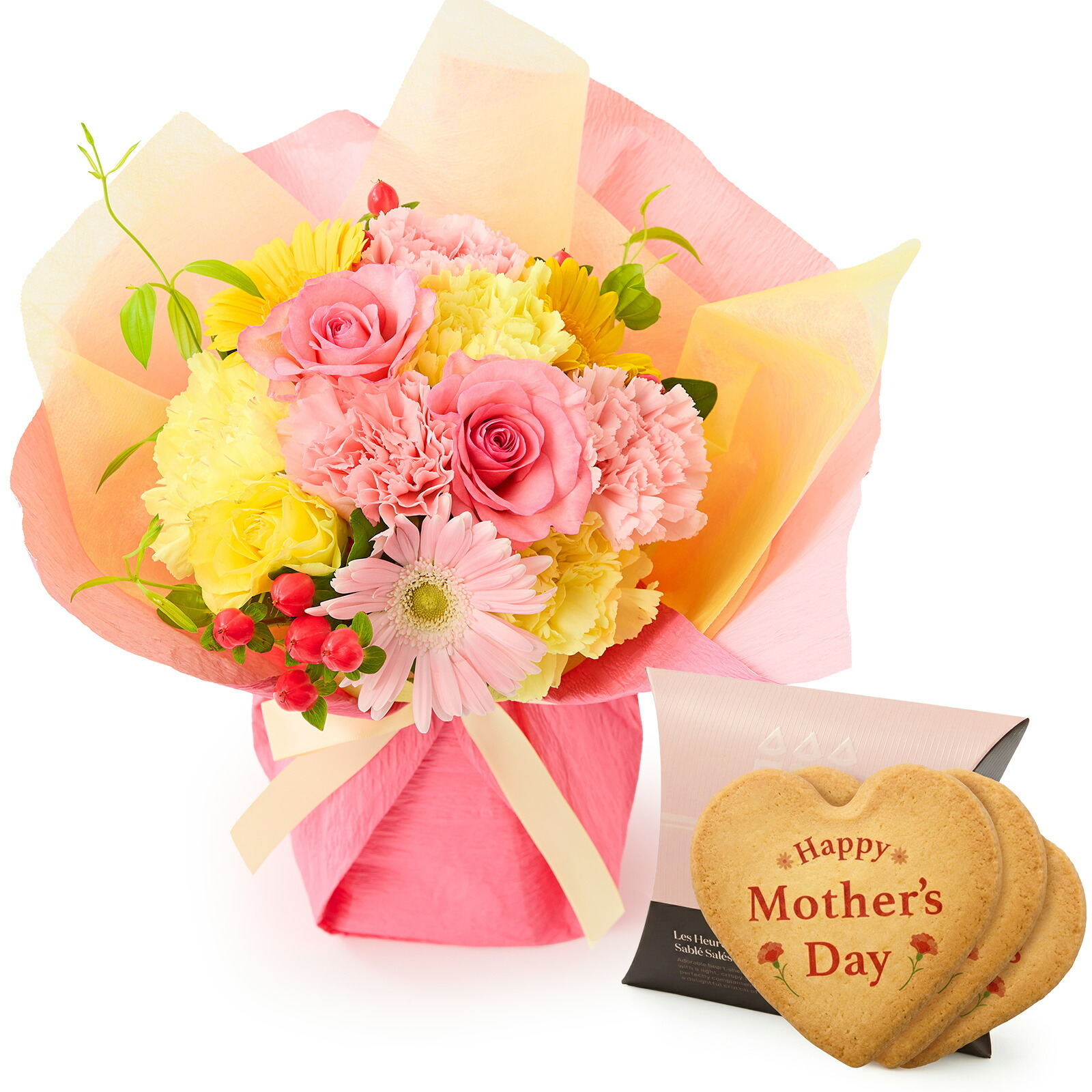 そのまま飾れるブーケ(カラフル、Mサイズ) と アンリ・シャルパンティエ しあわせサブレ のセット【母の日カード付き】