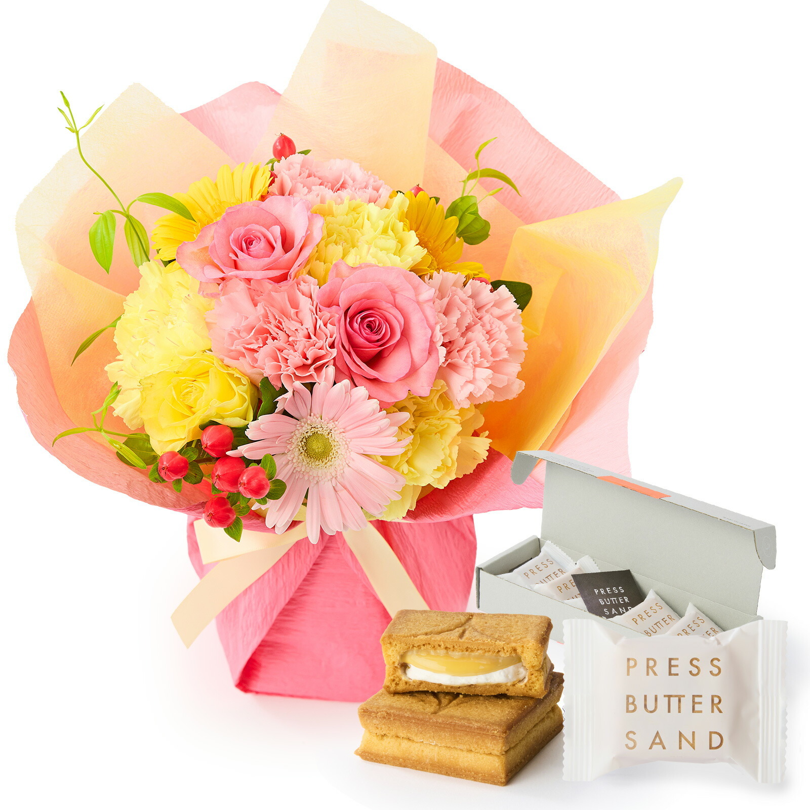そのまま飾れるブーケ(カラフル、Mサイズ) と プレスバターサンド バターサンド のセット【母の日カード付き】