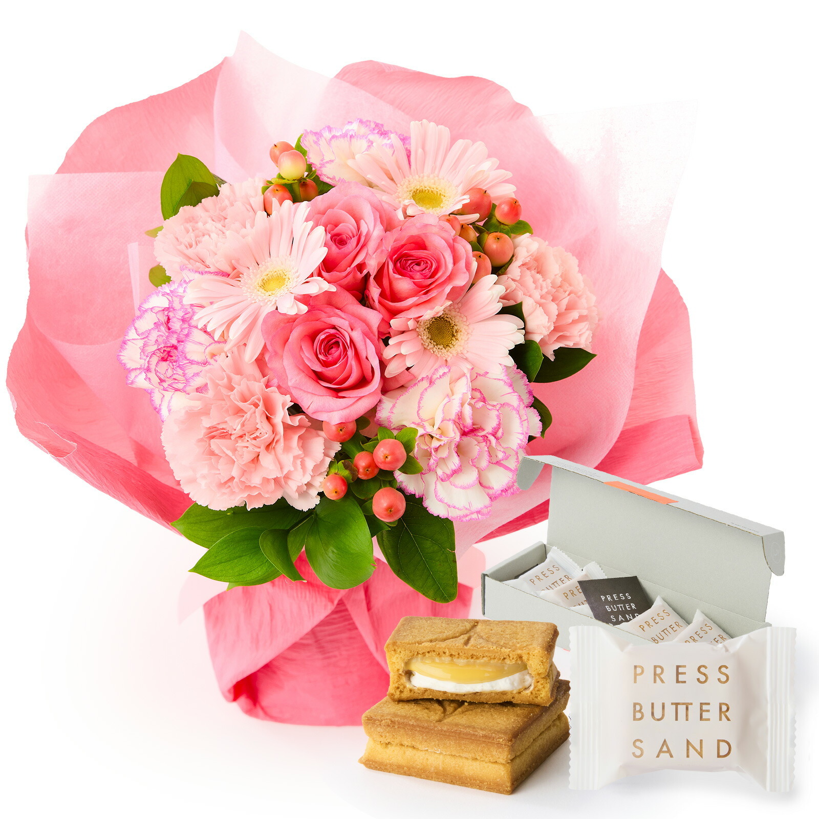 そのまま飾れるブーケ(ピンク、Mサイズ) と プレスバターサンド バターサンド のセット【母の日カード付き】
