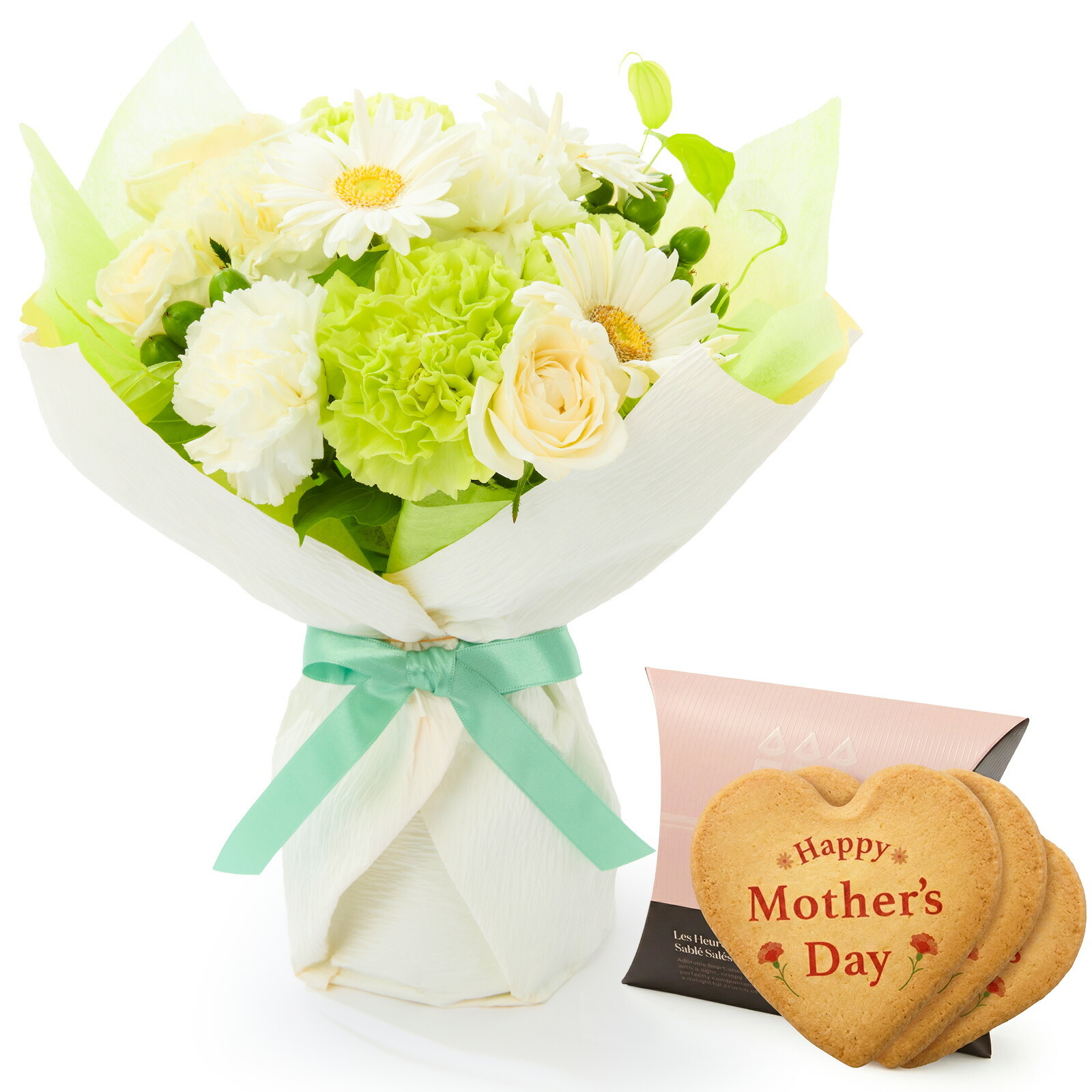 そのまま飾れるブーケ(白色、Mサイズ) と アンリ・シャルパンティエ しあわせサブレ のセット【母の日カード付き】
