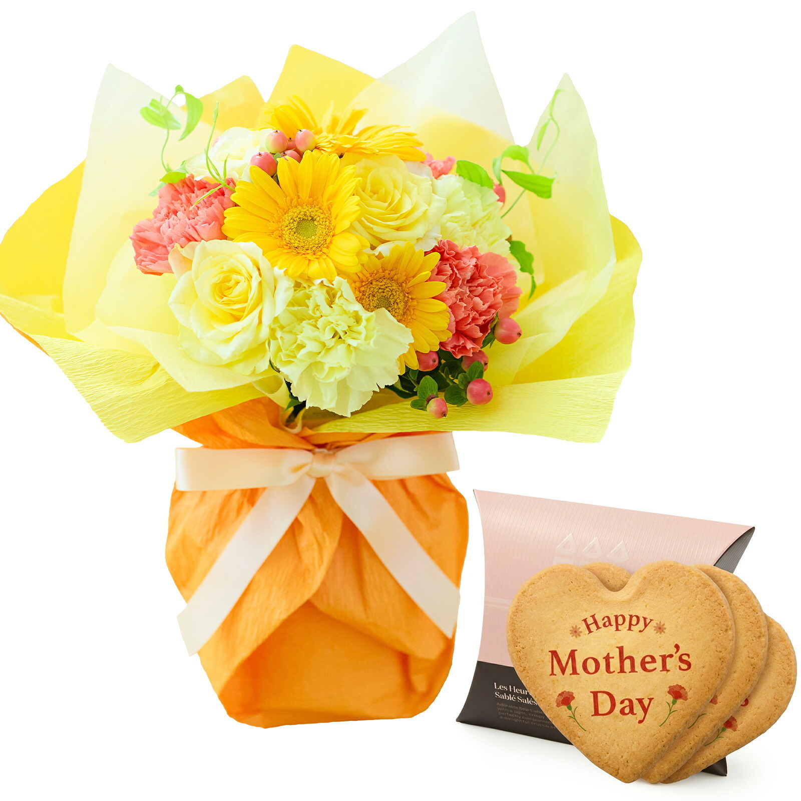 そのまま飾れるブーケ(黄色、Mサイズ) と アンリ・シャルパンティエ しあわせサブレ のセット【母の日カード付き】
