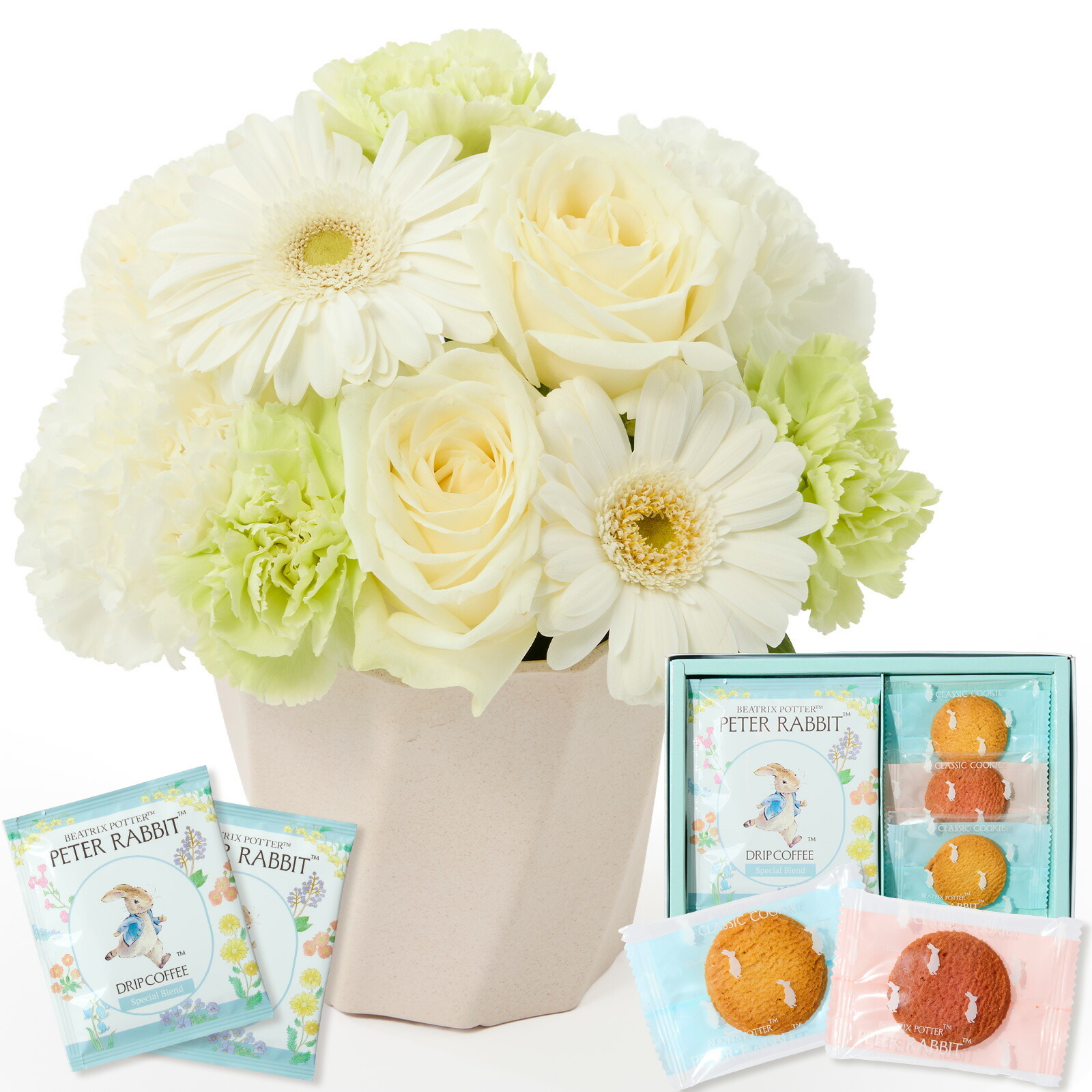 アレンジメントS(白)ピーターラビットコーヒー＆スイーツギフトセット