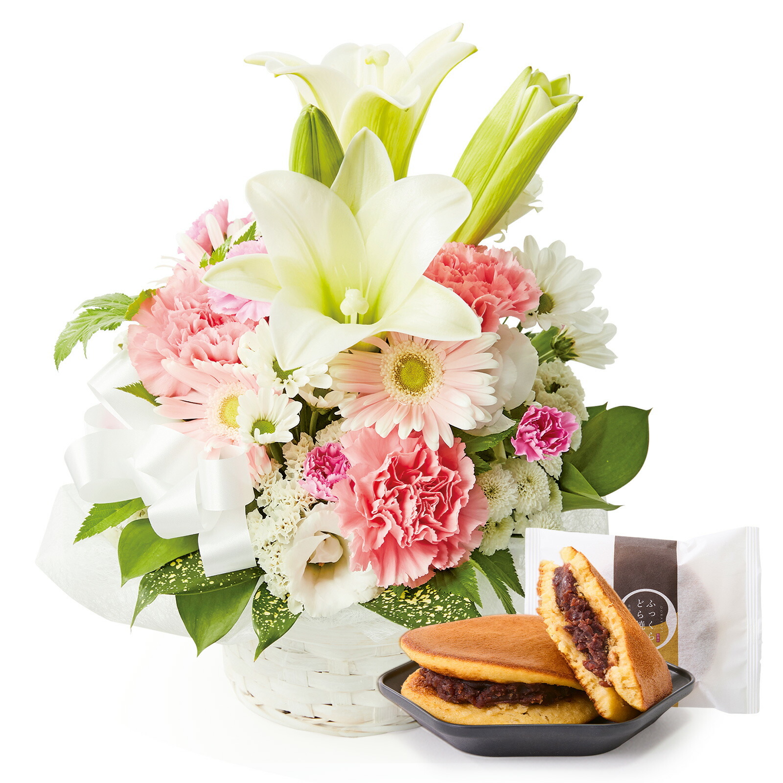 【お悔やみ・お供えの花】アレンジメント(ピンク、Sサイズ)と甘美どら焼きのセット