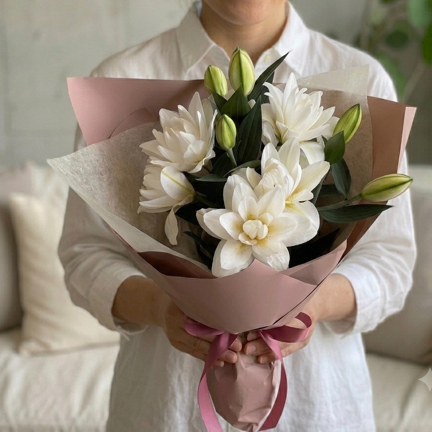 八重咲ユリの花束