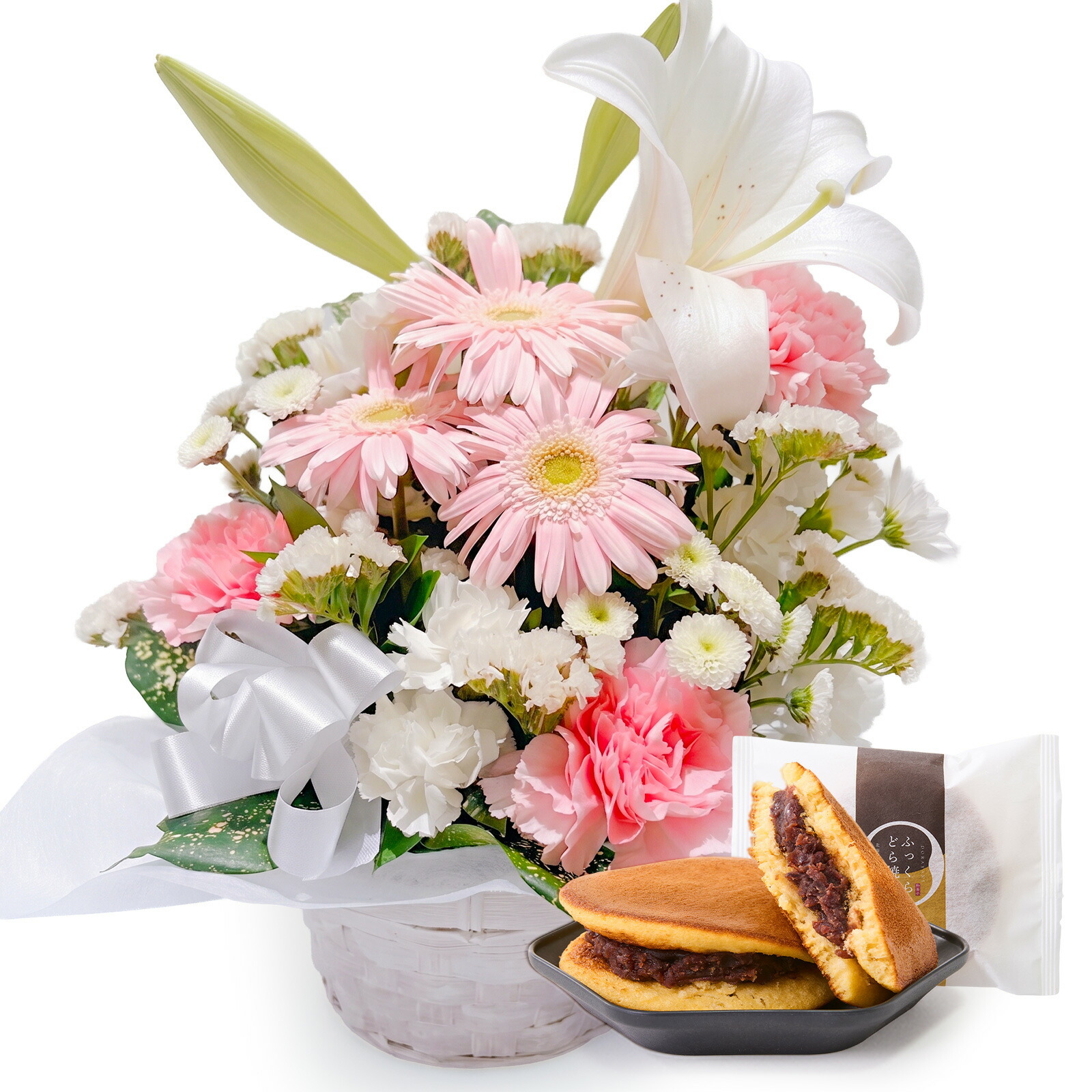 【お悔やみ・お供えの花】アレンジメント(ピンク、Mサイズ)と甘美どら焼きのセット
