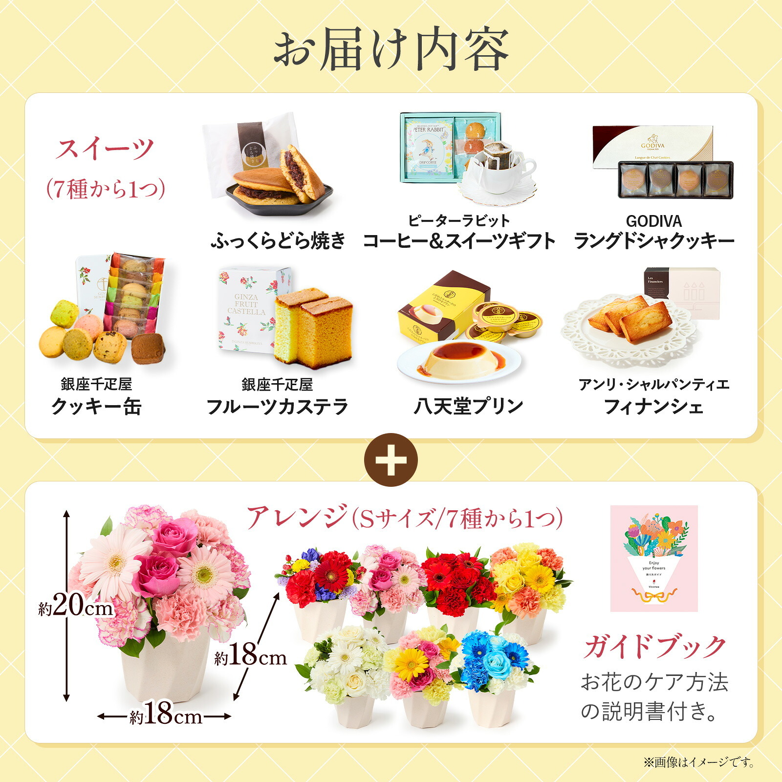 アレンジメント(ピンク、Sサイズ)と 甘美どら焼きのセット