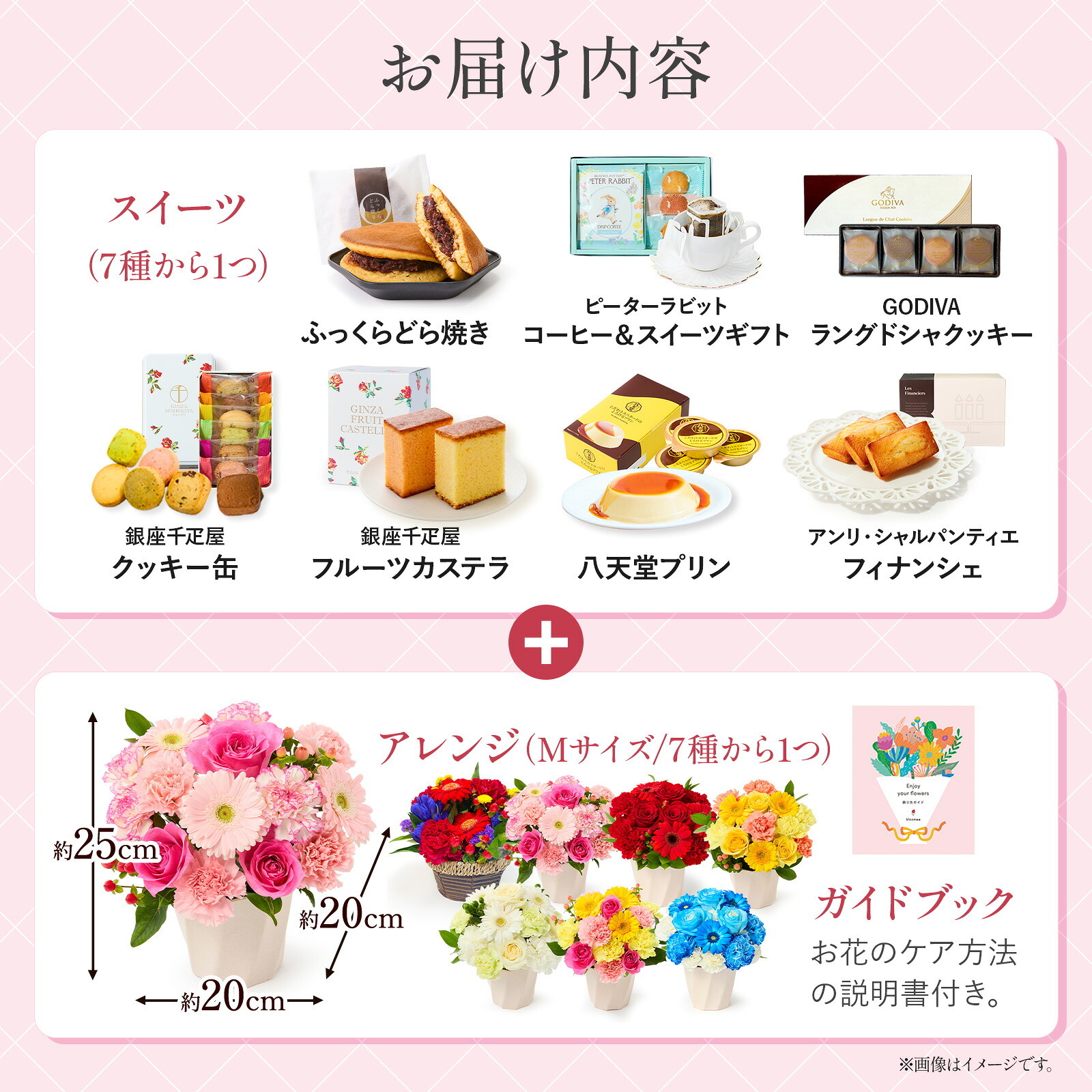 アレンジメント(赤、Mサイズ)と 甘美どら焼きのセット