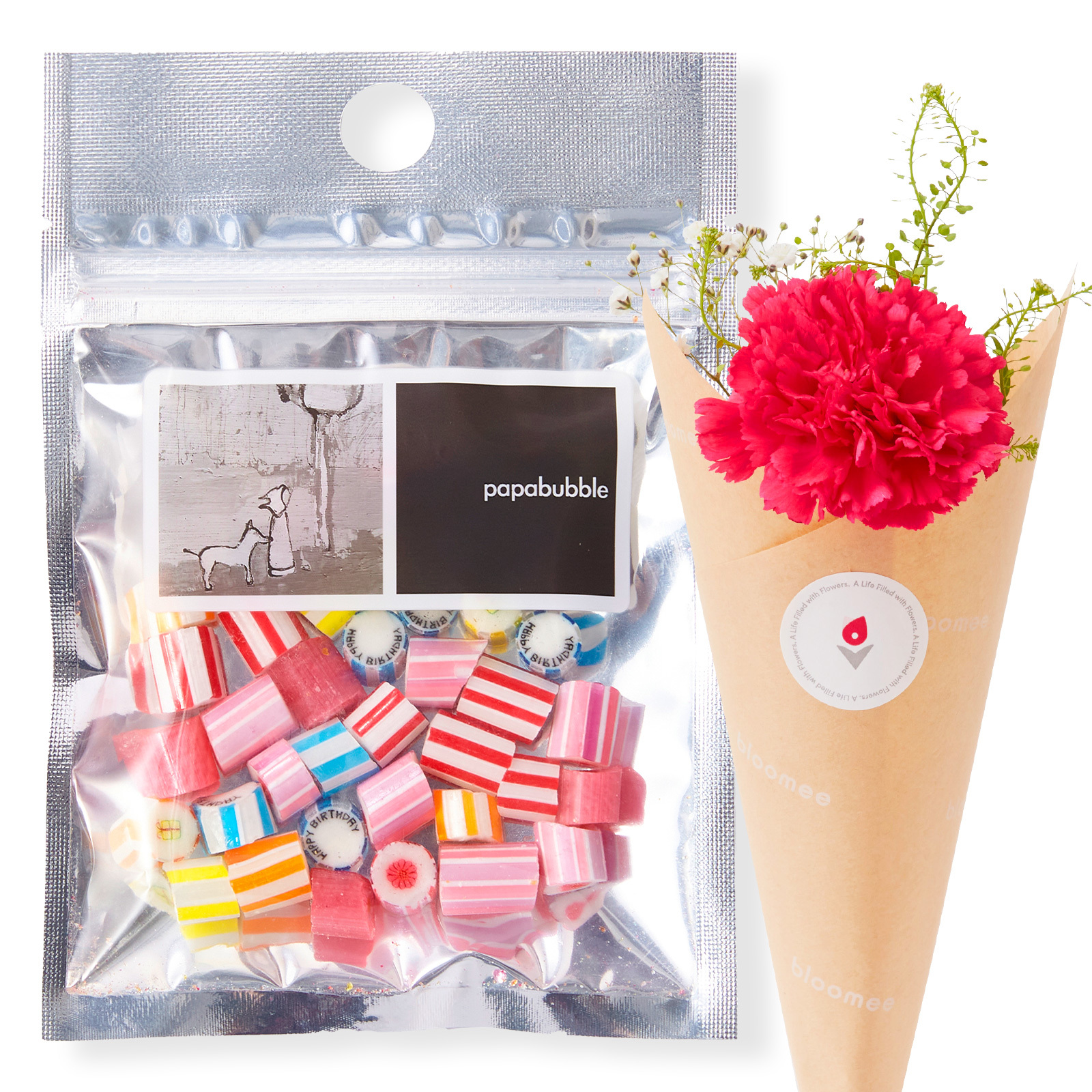 PAPABUBBLE バースデーキャンディー と 季節のお花ブーケ(3本)