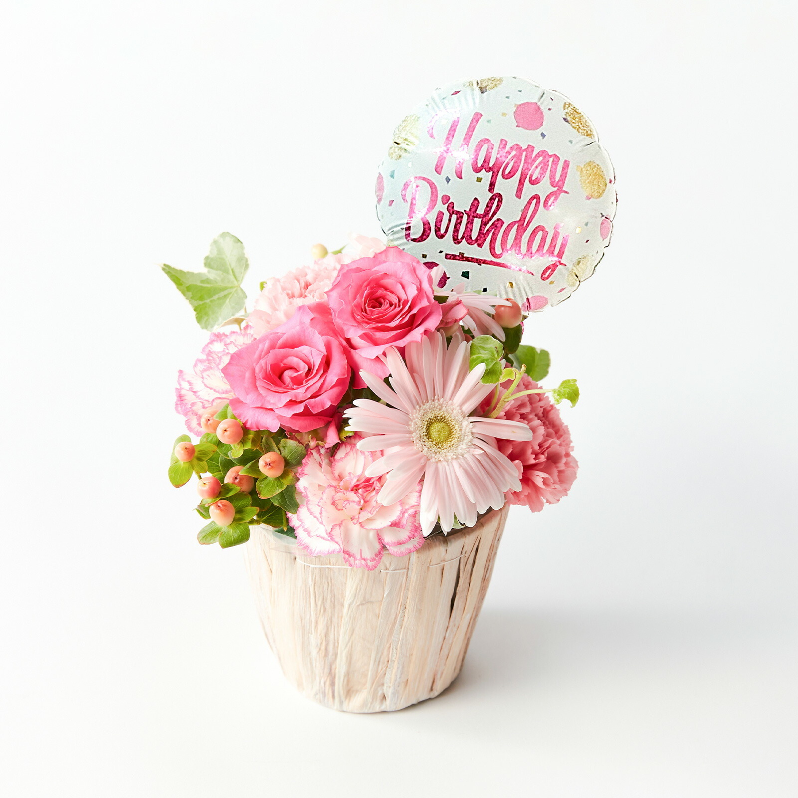 アレンジメント(ピンク)Sサイズ　Happy Birthdayバルーン付き
