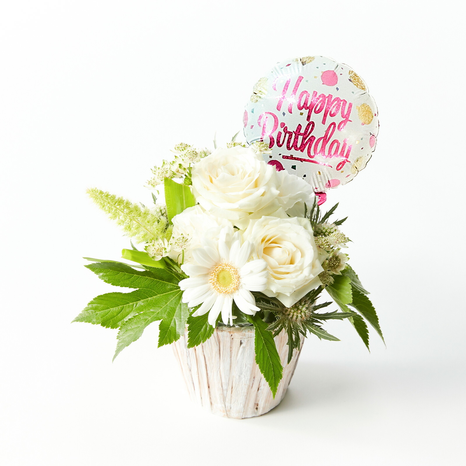 アレンジメント(白)Sサイズ　Happy Birthdayバルーン付き