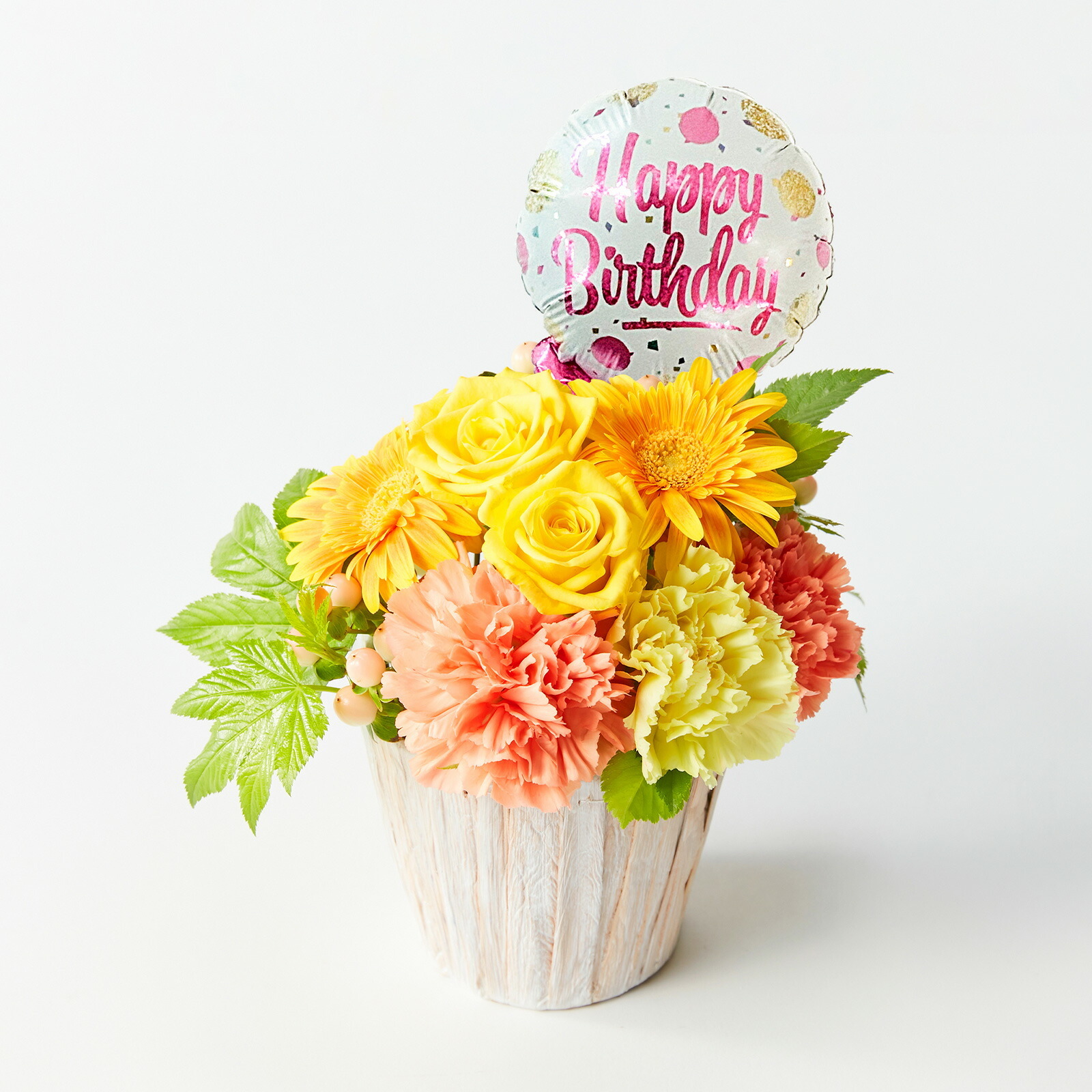 アレンジメント(黄)Sサイズ　Happy Birthdayバルーン付き