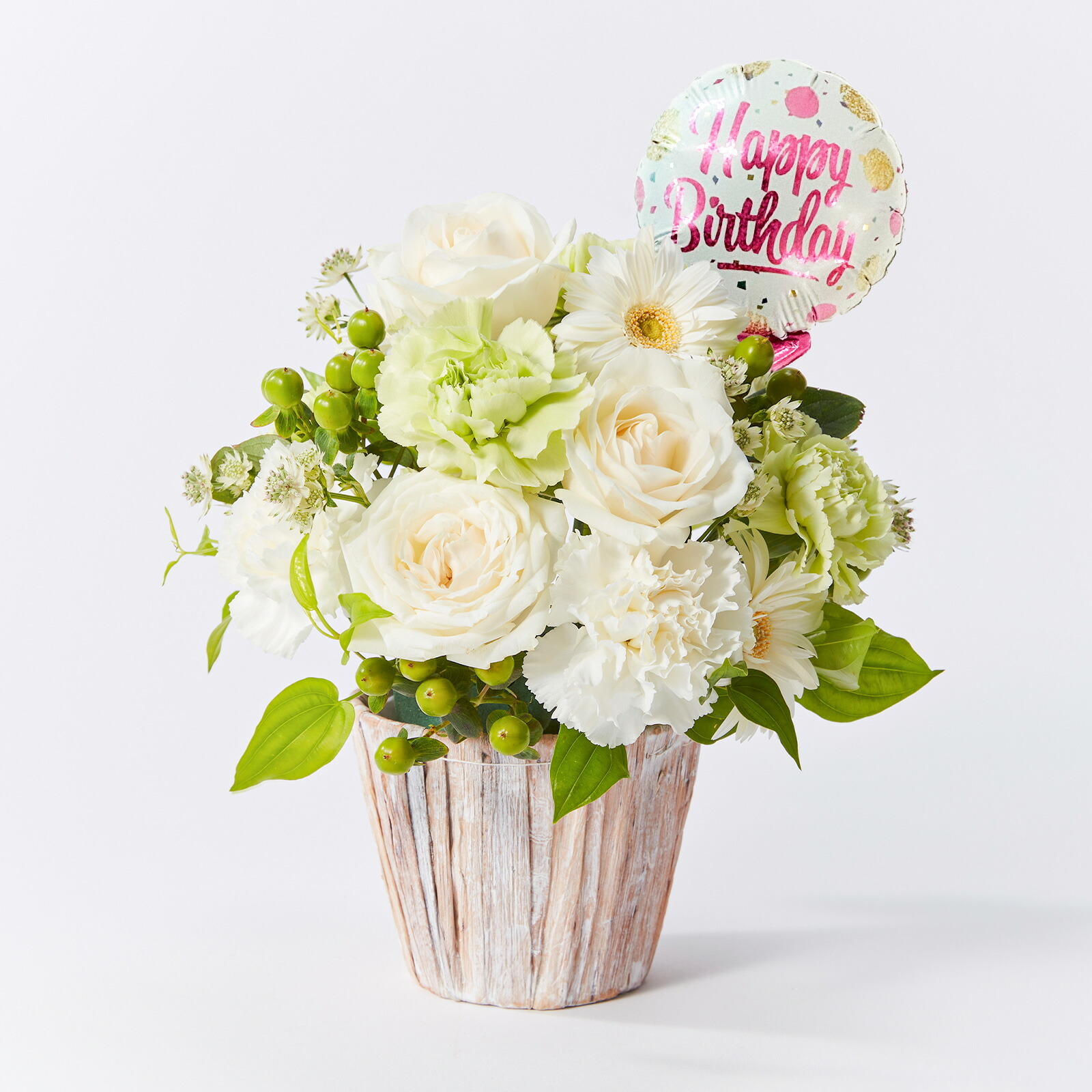 アレンジメント(白)Mサイズ　Happy Birthdayバルーン付き