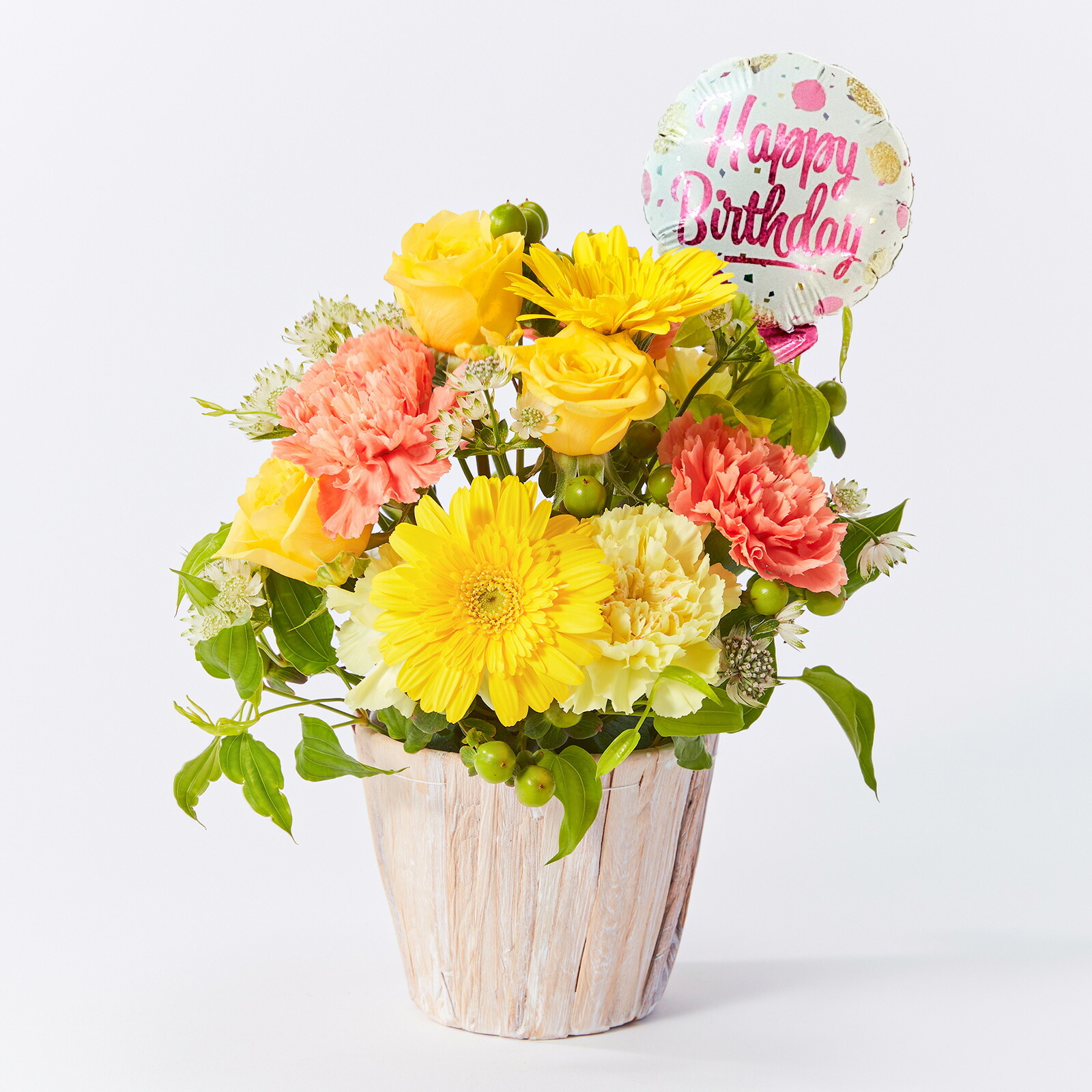 アレンジメント(黄)Mサイズ　Happy Birthdayバルーン付き