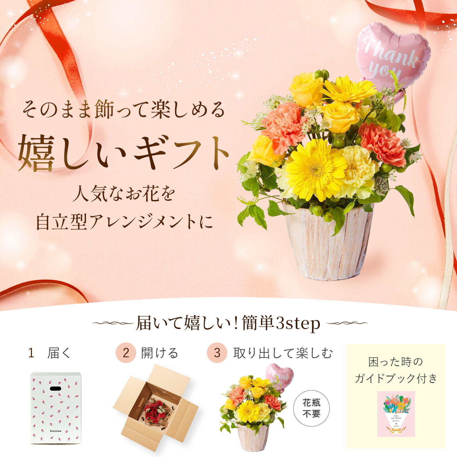 アレンジメント(黄)Mサイズ　Thank youバルーン付き
