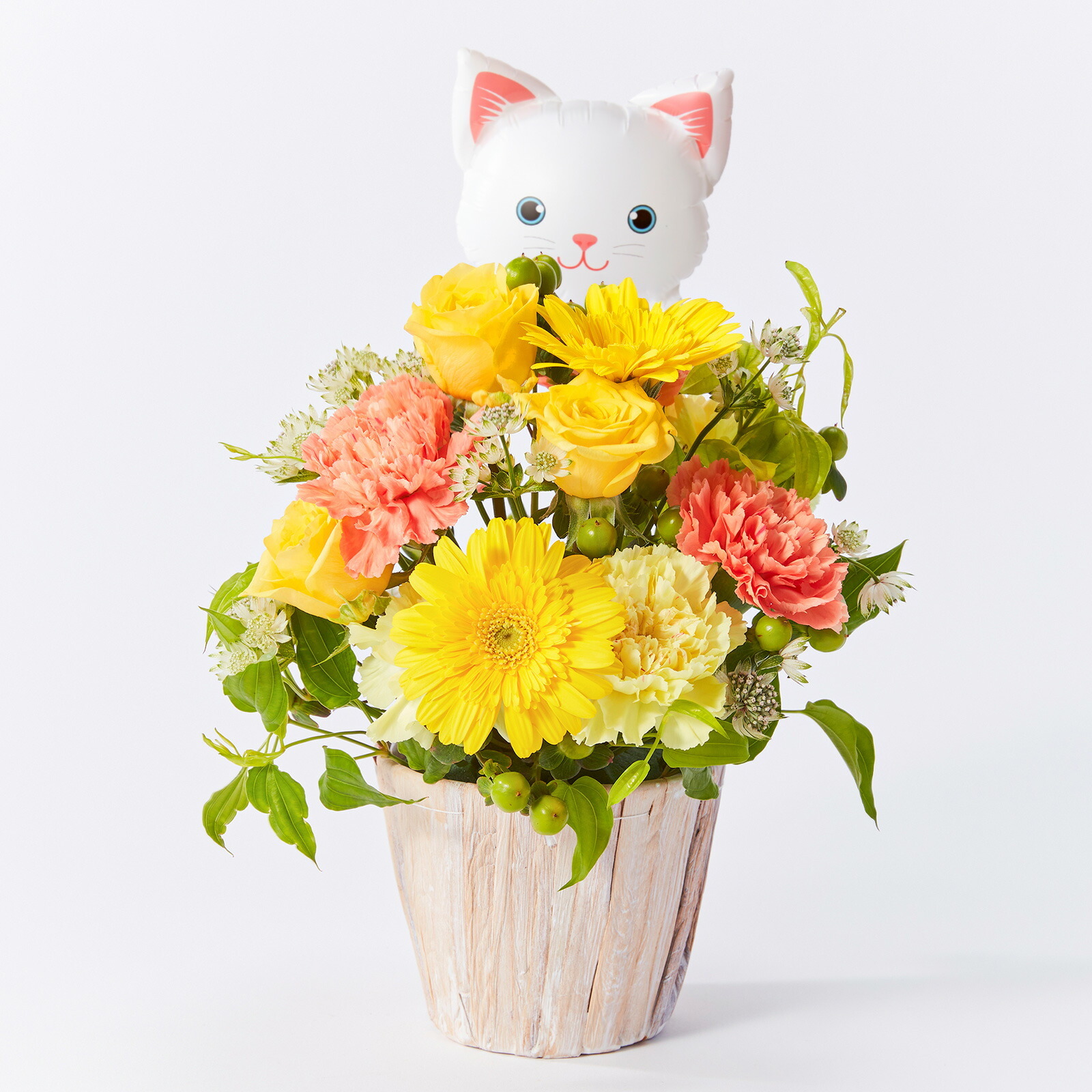 アレンジメント(黄)Mサイズ　ねこバルーン付き