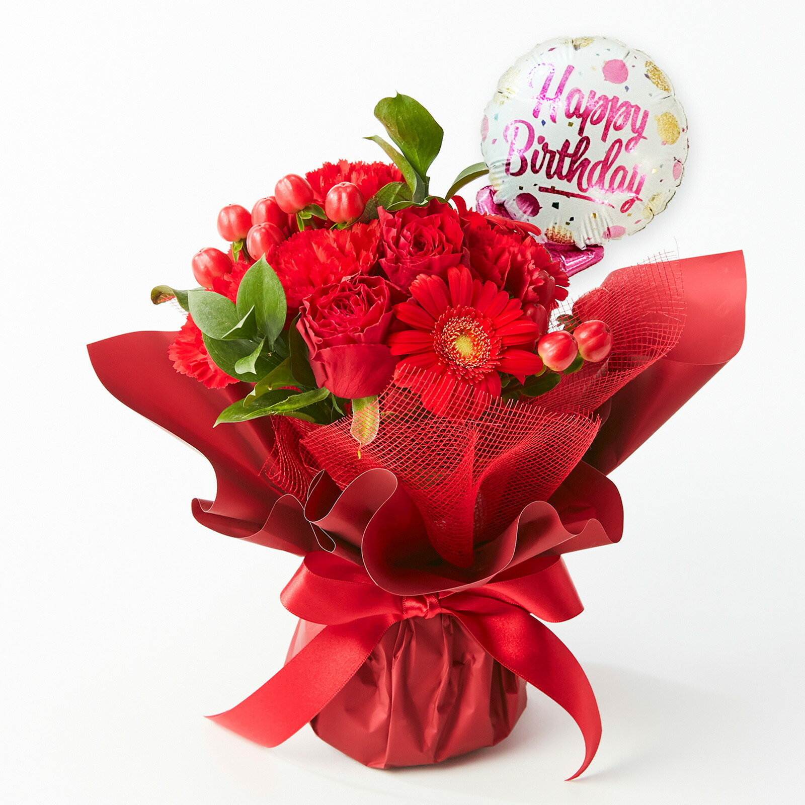 そのまま飾れるブーケ(赤)Sサイズ　Happy Birthdayバルーン付き