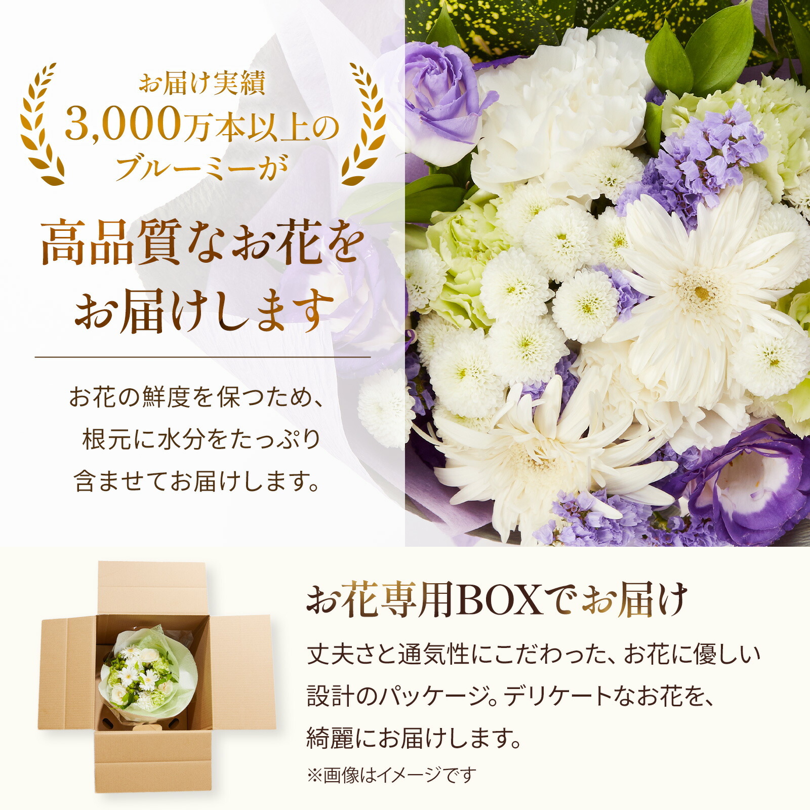 【お悔やみ・お供えの花】線香付き　お供えの花束(青・紫)Mサイズ