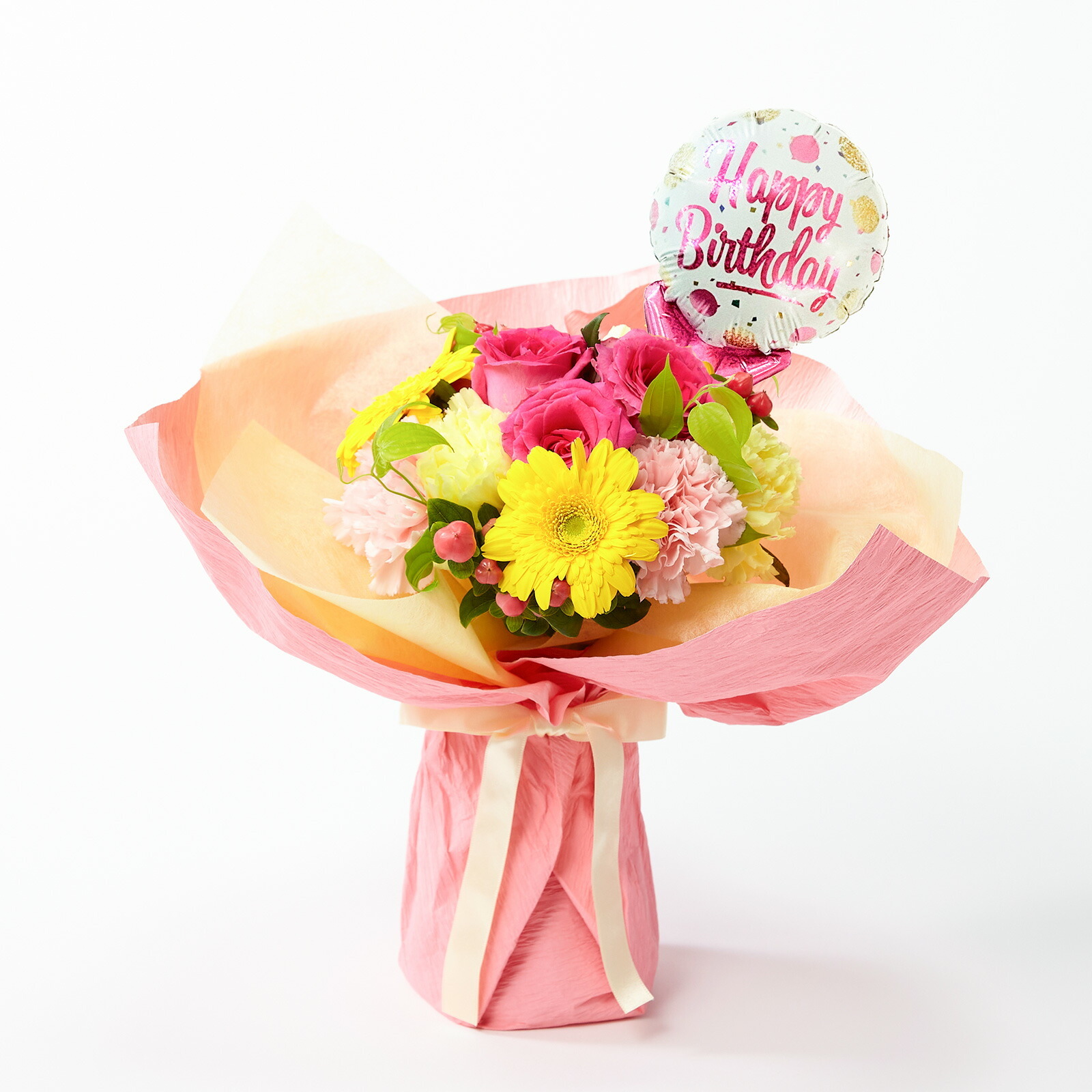 そのまま飾れるブーケ(カラフル)Mサイズ　Happy Birthdayバルーン付き