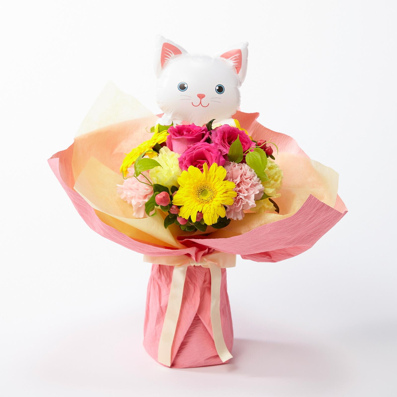 そのまま飾れるブーケ(カラフル)Mサイズ　ねこバルーン付き