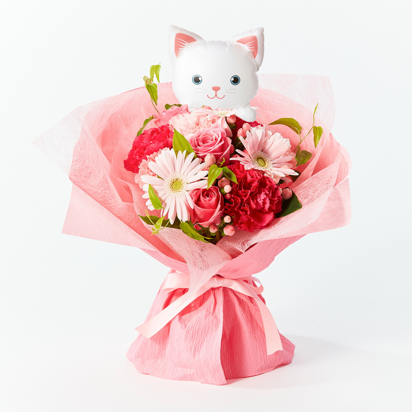 そのまま飾れるブーケ(ピンク)Mサイズ　ねこバルーン付き