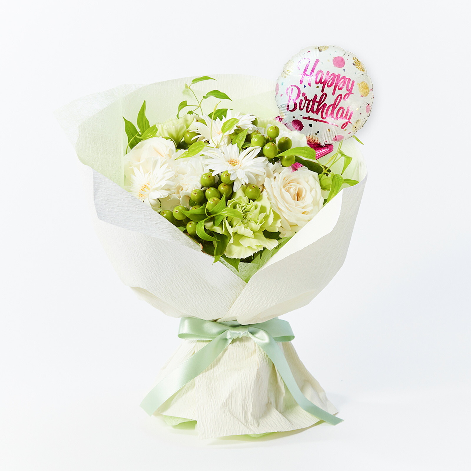 そのまま飾れるブーケ(白)Mサイズ　Happy Birthdayバルーン付き