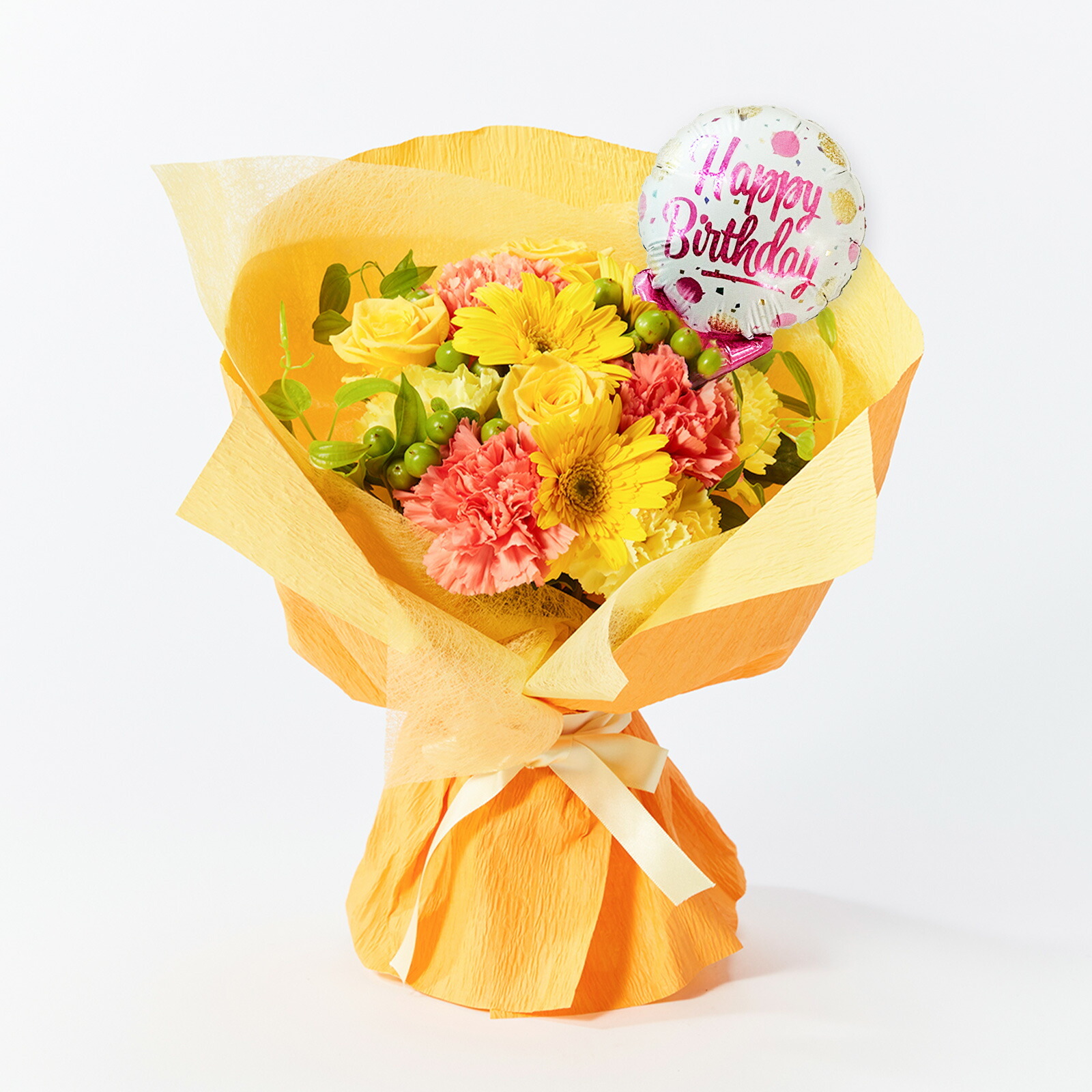 そのまま飾れるブーケ(黄)Mサイズ　Happy Birthdayバルーン付き