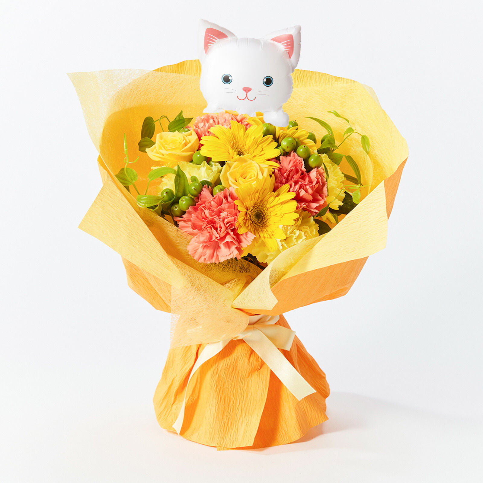 そのまま飾れるブーケ(黄)Mサイズ　ねこバルーン付き