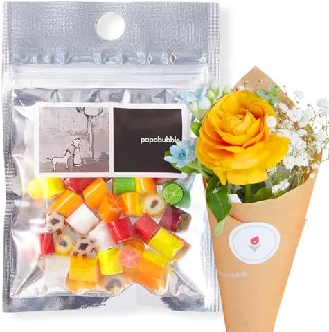 PAPABUBBLE フルーツキャンディーとお花4本　Gift for youカード付き