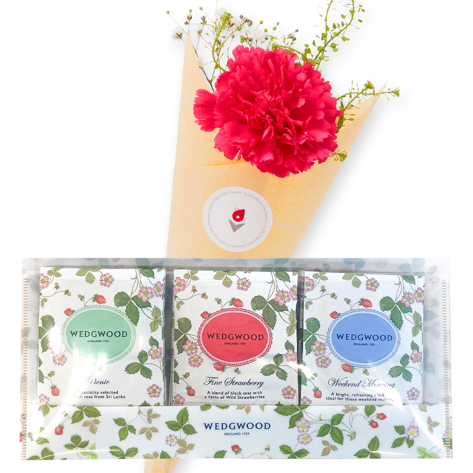 WEDGWOOD ワイルド ストロベリー ティーパック と 季節のお花ブーケ(3本)