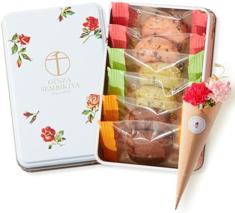 缶入り銀座千疋屋フルーツクッキーと季節のお花4本　　Gift for youカード付き