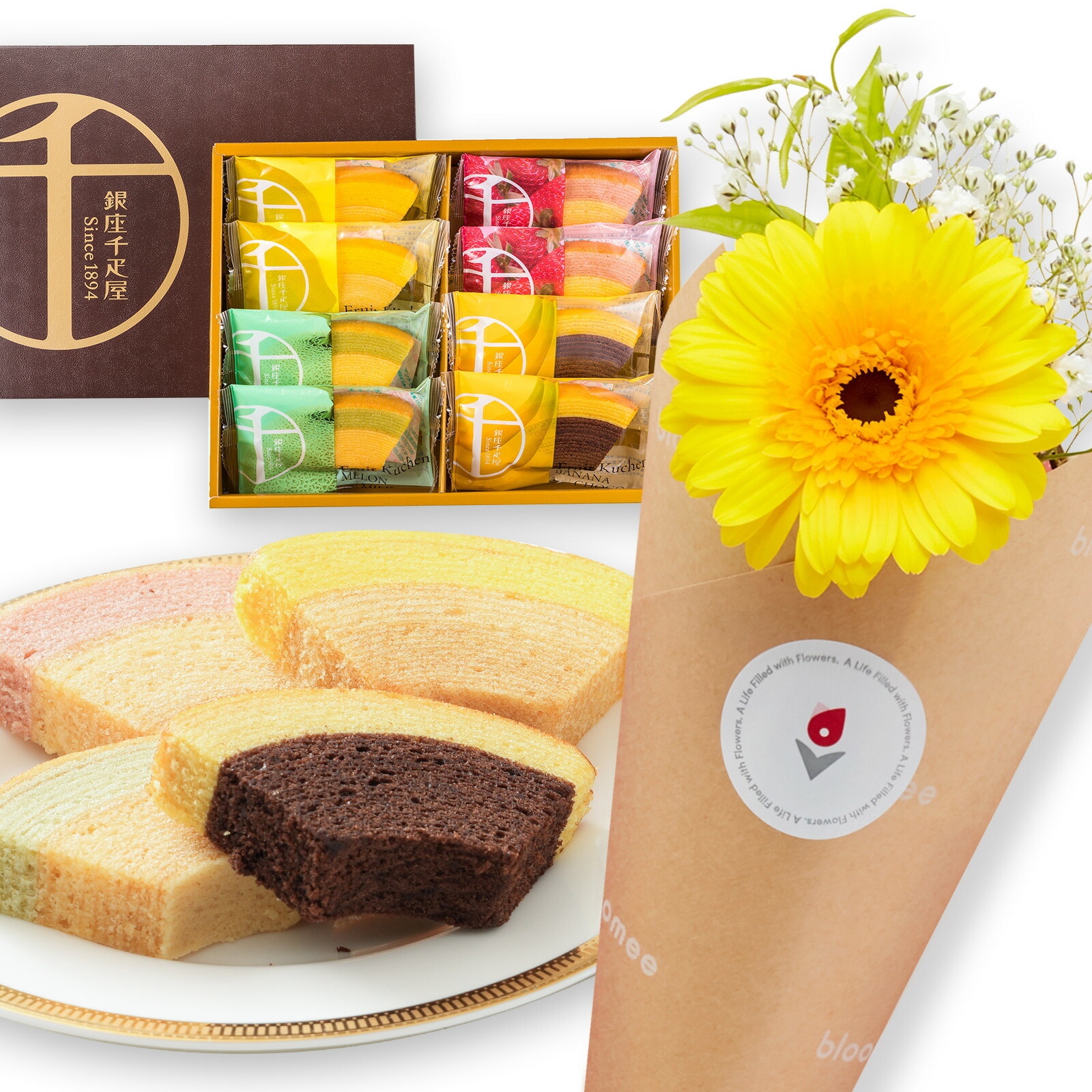 銀座千疋屋フルーツクーヘンとお花3本　Gift for youカード付き