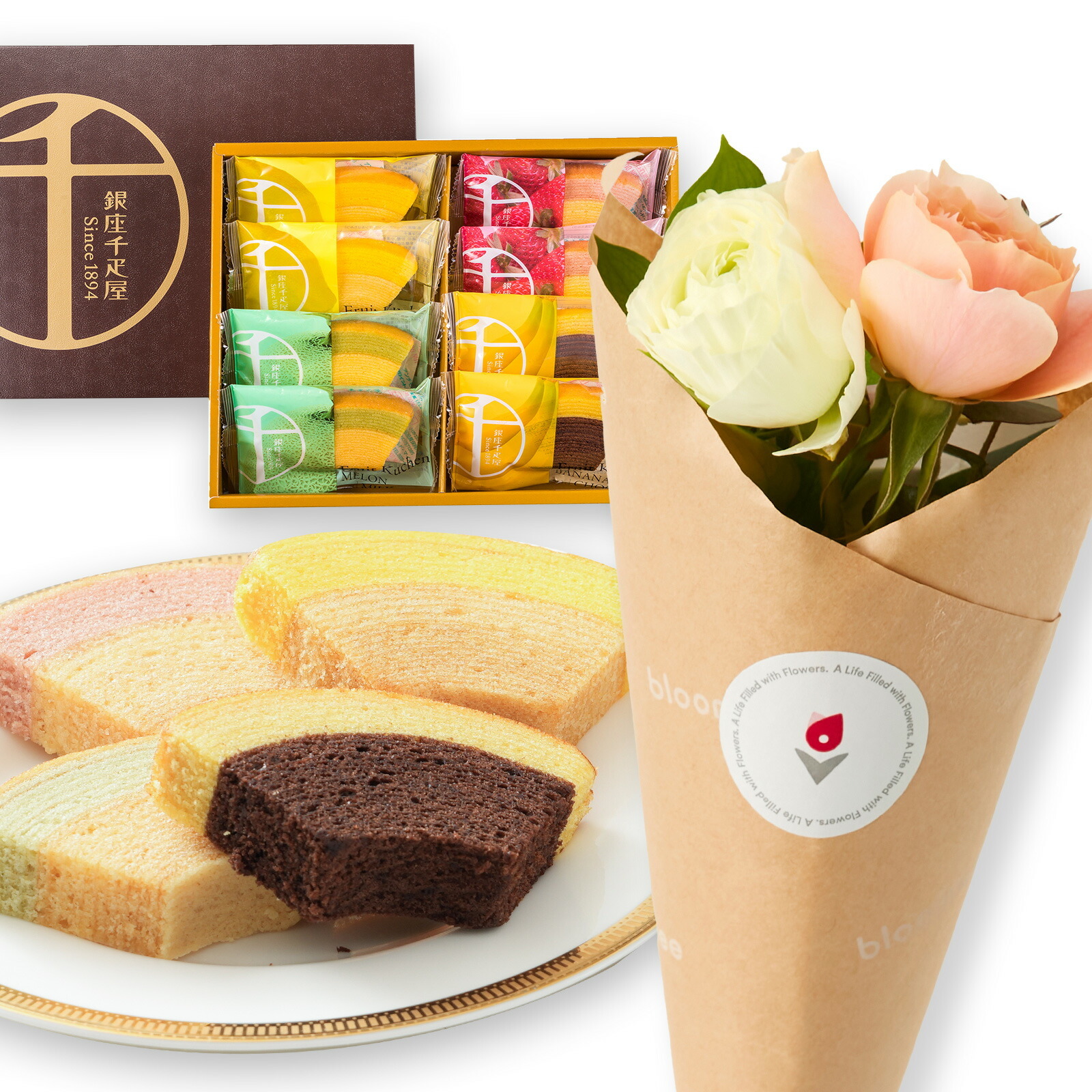 銀座千疋屋フルーツクーヘンとお花4本　Gift for youカード付き